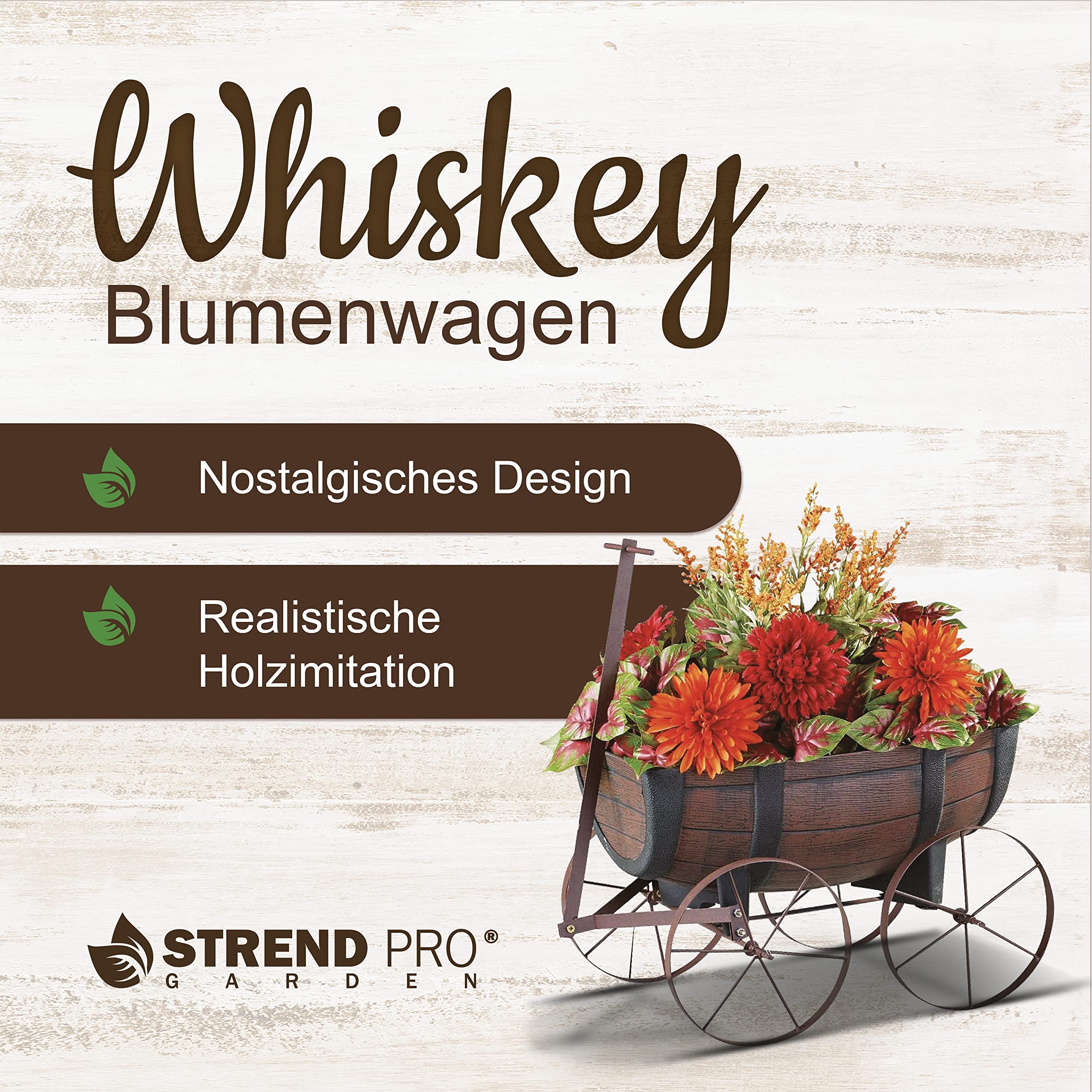STREND PRO Blumenwagen Whiskyfass - Pflanzwagen auf rädern, Gartendeko Blumentopf Barel - realistischer Blumentopf Holzoptik Planzschubkarre - Leiterwagen Holz, Bollerwagen Holz