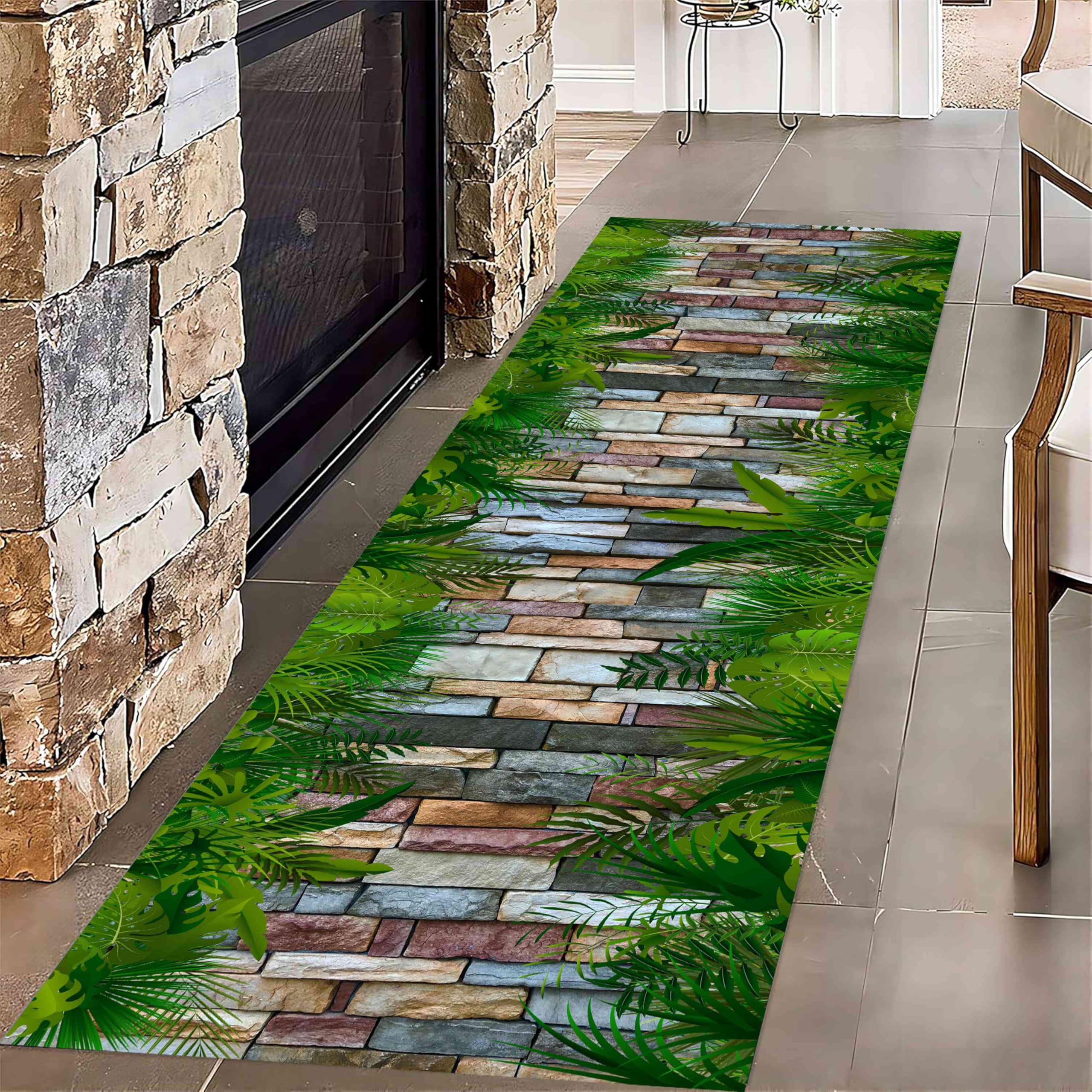 Green Plant Runner Hallway Rug, 2x10ft Extra Soft Colorful Stone Road Print Pattern Carpet with Non-Slip Rubber Backing Low Pile Carpet for Bedroom