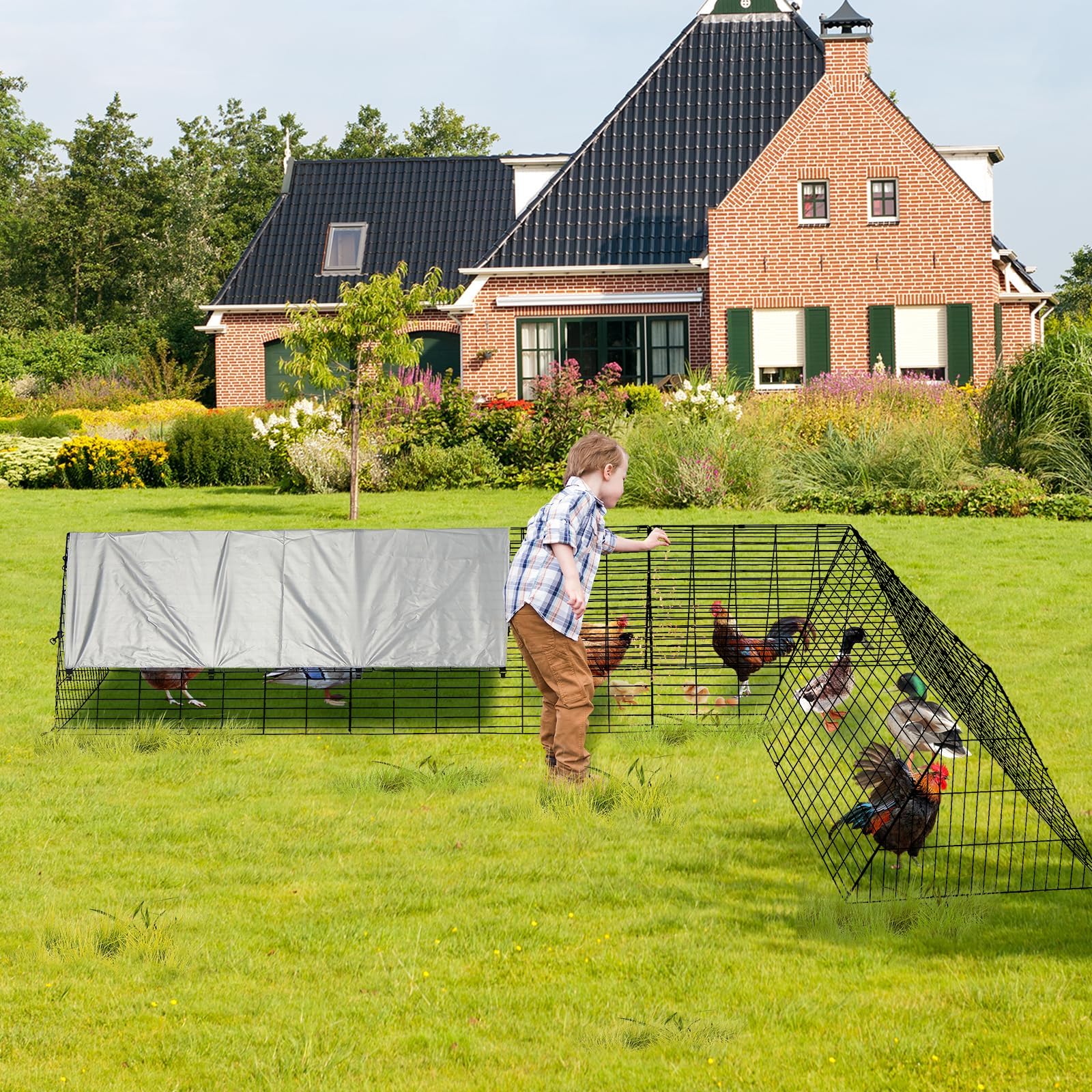 Garvee Túnel para Gallinas con Estructura de Esquina, Corral Modular de Acero con Cubierta Impermeable, 300 x 200 x 61,5 cm, Plegable y Fácil de Montar para Gallinas Patos Conejos