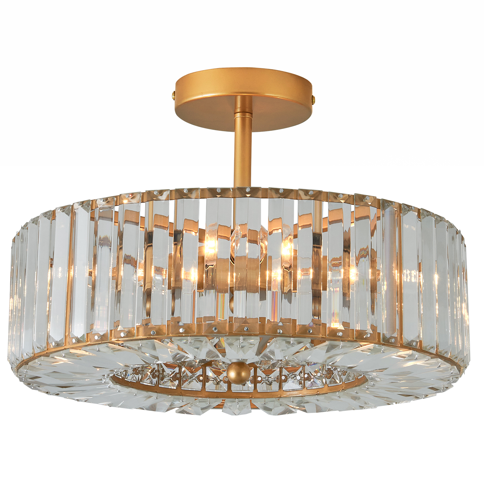 Image of Piepooye 4 Lights Modern Crystal Chandelier Gold Round Semi Flush Mount Ceiling Light Fixture Farmhouse Chandelier for Dining Room Living Room Bedroom Hallway Entryway Kitchen
