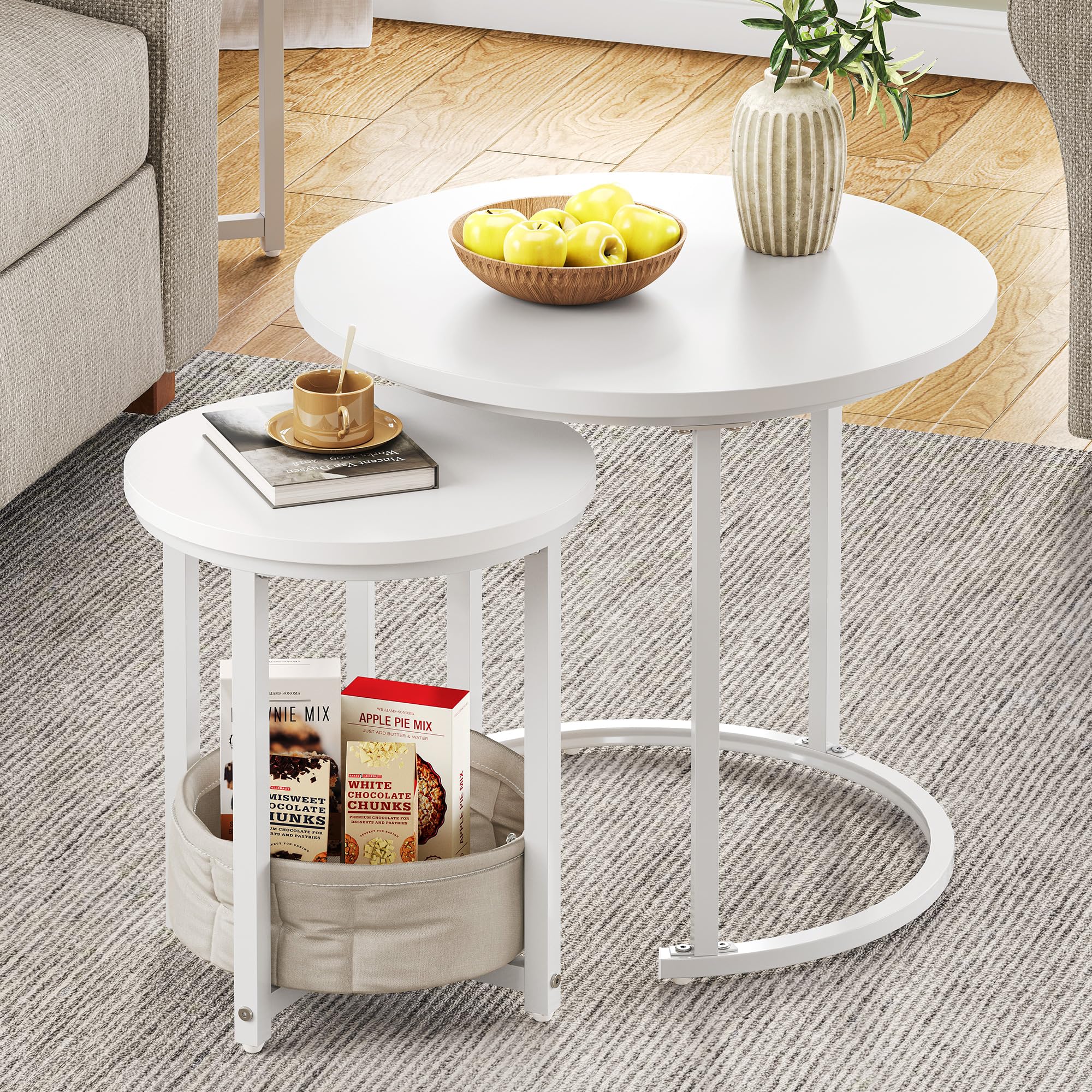 YITAHOME Set di 2 tavolini da salotto, rotondi, moderni, con borsa in tessuto, impilabili, con piano in legno e telaio in metallo, per soggiorno, ufficio, casa