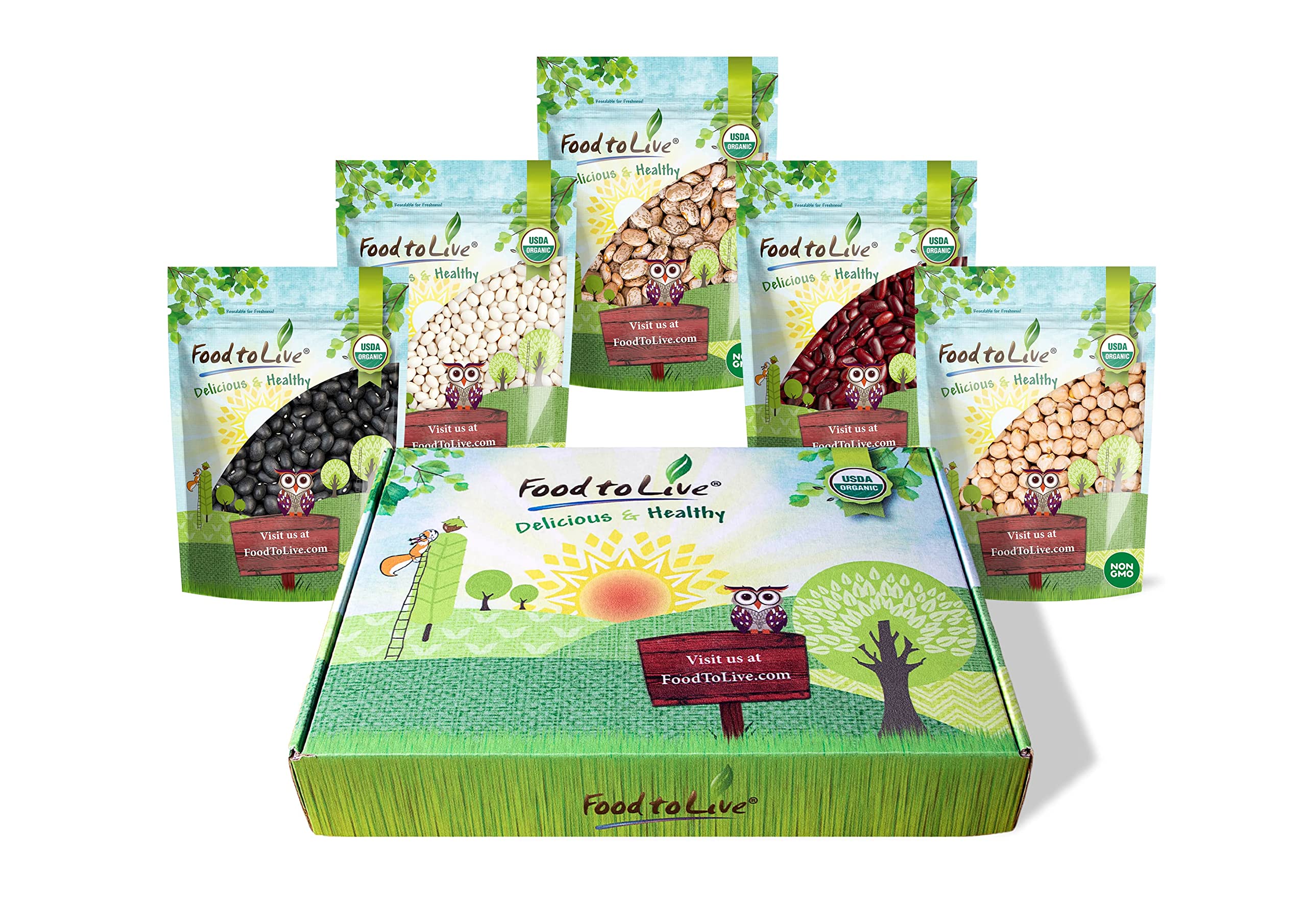 Food to Live Organic Beans in a Gift Box – A Variety Pack of Pinto Beans, Dark Red Kidney Beans, Black Beans, Navy Beans, Garbanzo Beans