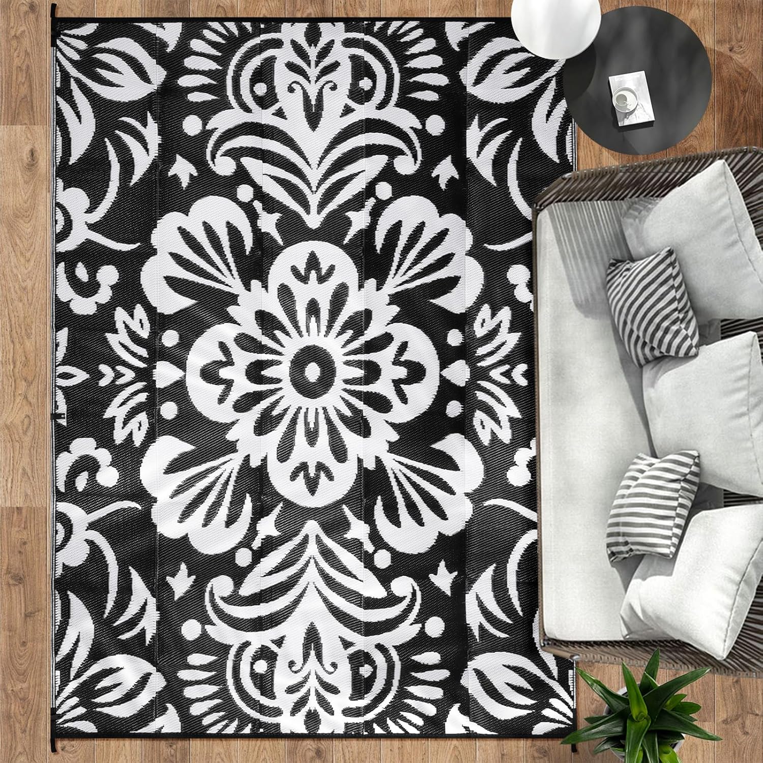 Outdoor Rug 6'x9', Outdoor Plastic Straw Rug, Reversible Mats, Area Rug Decor, Waterproof, Portable, Camping Mat 6ftx9ft Rug002-black&white