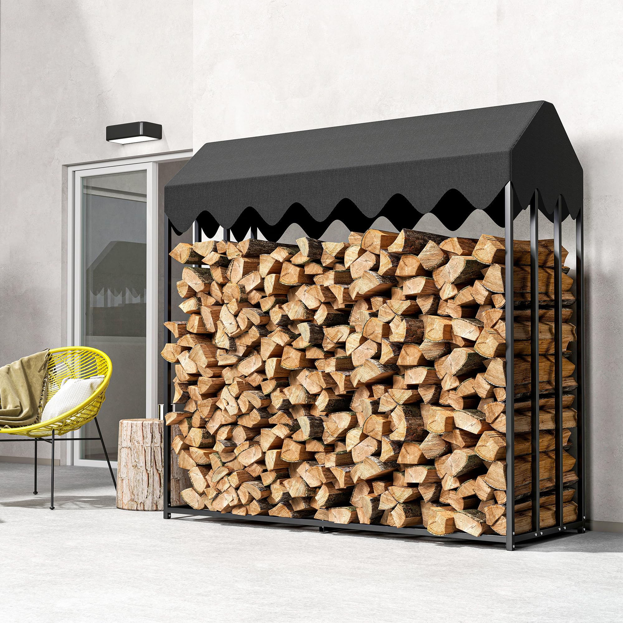 Outsunny Estante de Leña Metálico, 186x70x185 cm, Leñero Exterior con Cubierta Impermeable 600D Oxford, Marco de Acero, Soporte para Leña de Chimenea, para Jardín, Terraza