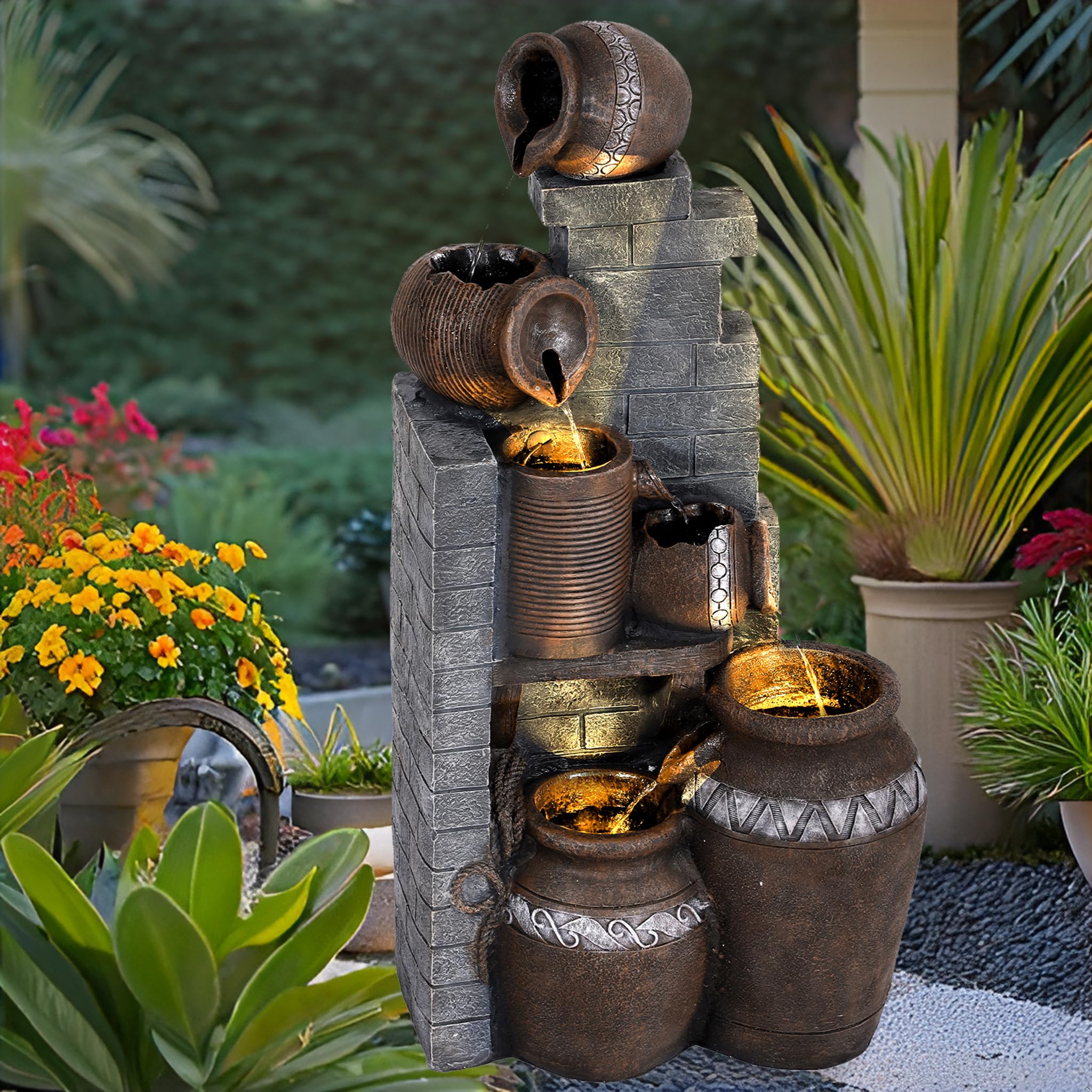 USSerenaY 5-Tiers Garden Fountains Outdoor W/LED Light Modern Waterfall Floor-Standing Cascading Water Feature for Patio Deck, Porch, Yard Decor (Grey)