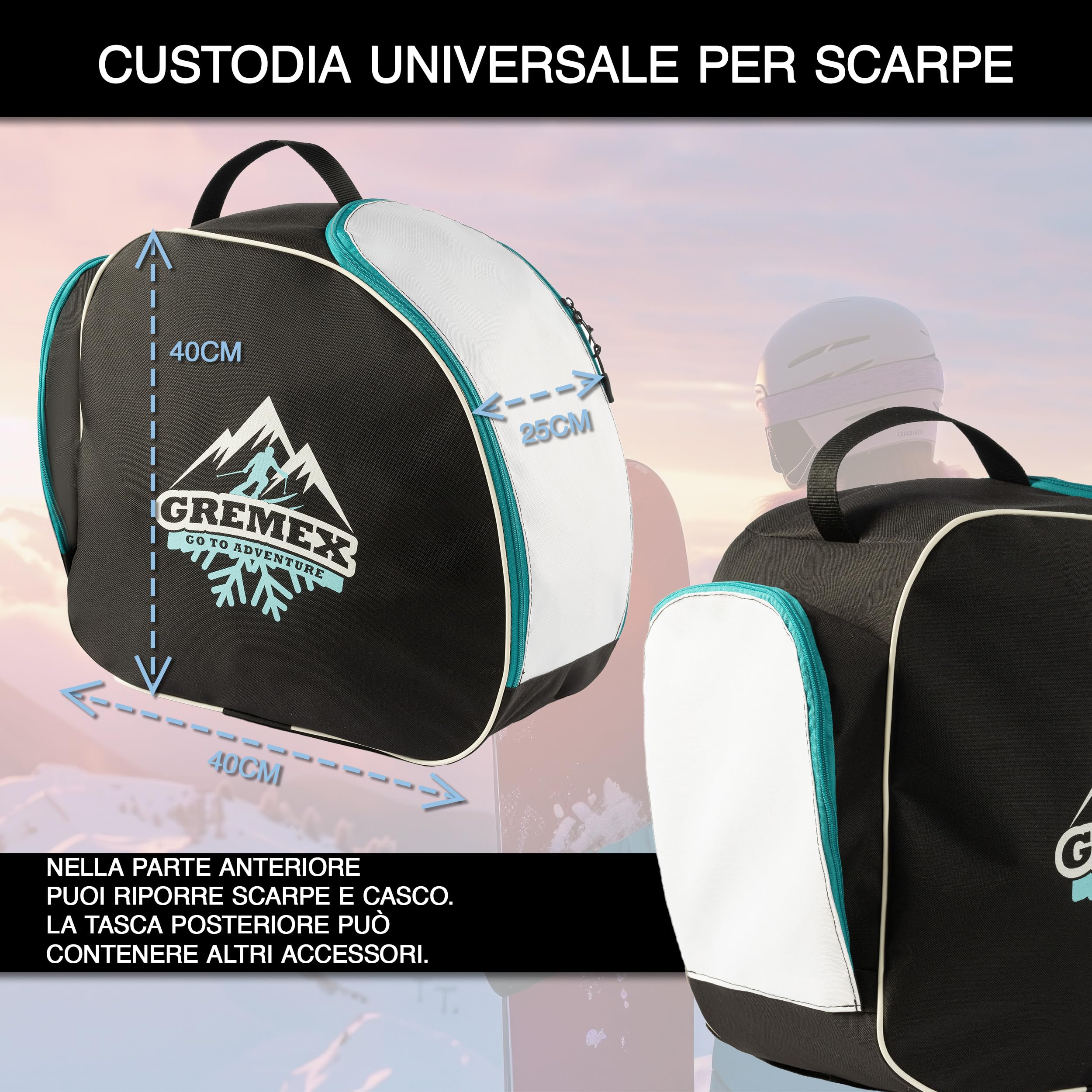 borsa per scarponi da sci con casco - borsa impermeabile con scomparto per casco - borsa per scarponi da sci e casco - zaino con scomparto per casco e cuciture in titanio