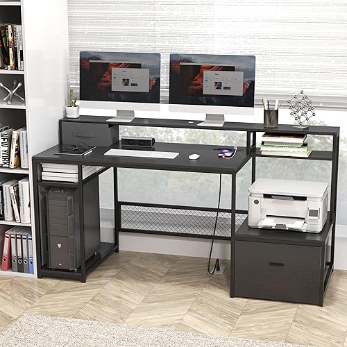 Miniatura 2 de AYEASY Escritorio de oficina en casa con estante para monitor, escritorio grande de computadora de 66 pulgadas con toma de corriente y puerto de