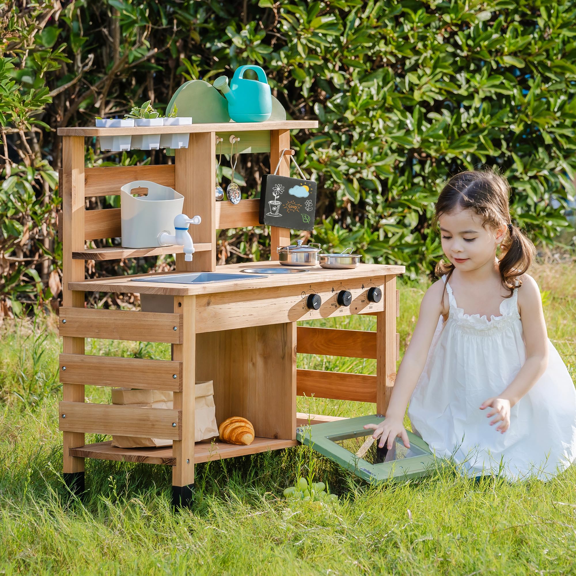 ROBUD Cocina de barro para niños al aire libre, cocina de juguete de madera con grifo auténtico, hervidor de agua, macetero, horno, pizarra, cocina infantil, regalo de madera para niñas y niños a