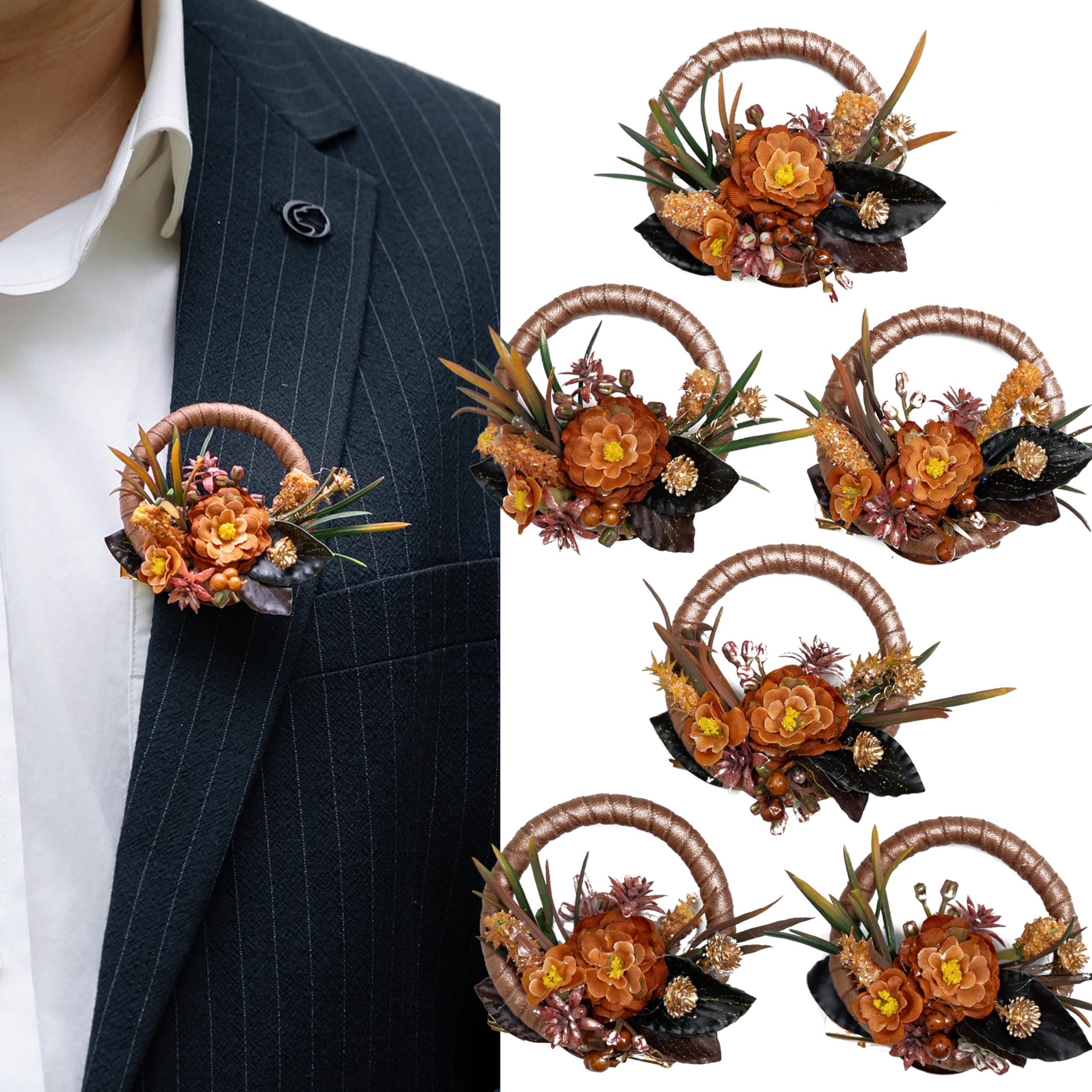 Boutonniere rotondo in terracotta per uomo, boutonnieres, boho, bouquet, sposo e testimoni dello sposo, per cerimonie di nozze, anniversari, cene formali e serate di laurea (set da 6)