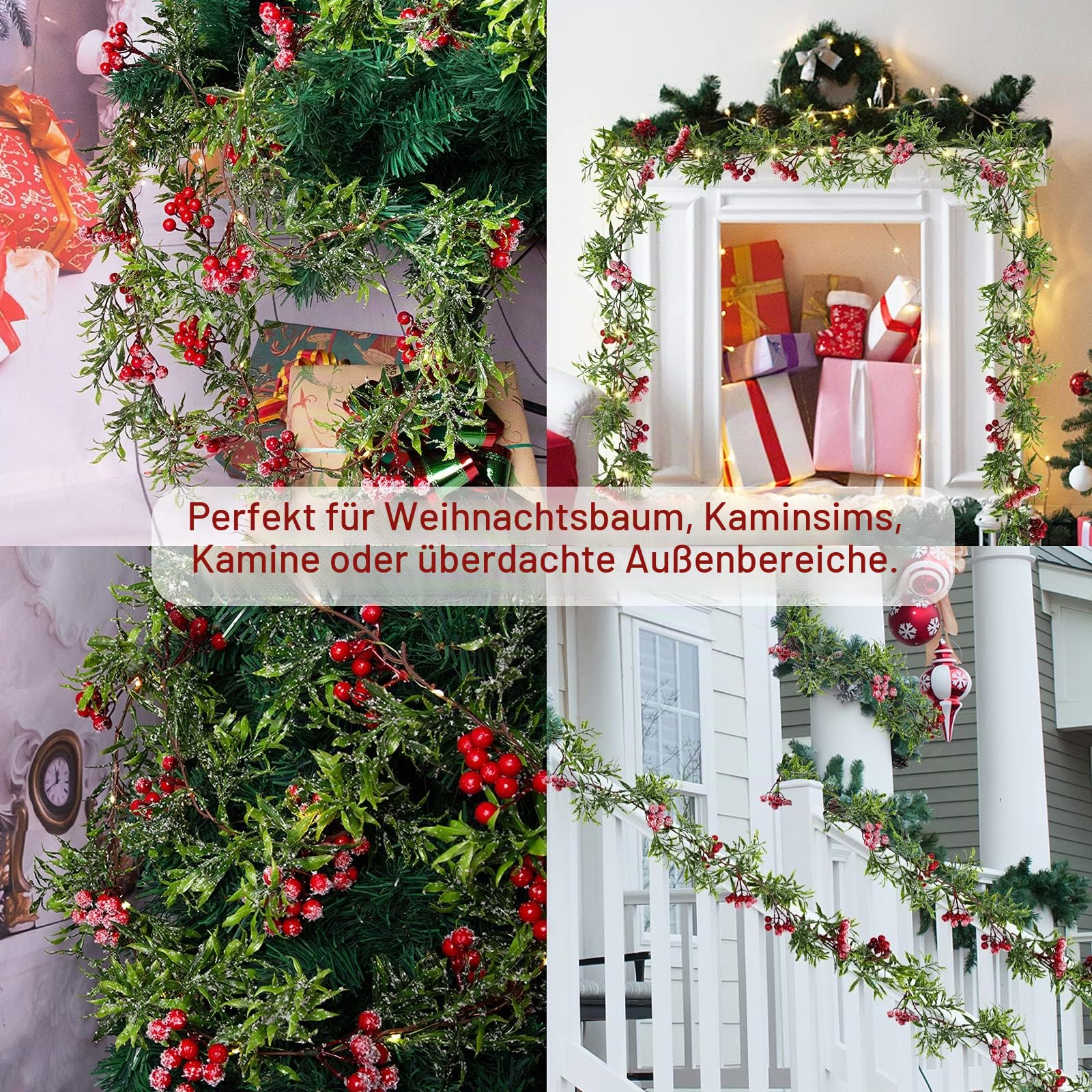 2 Pcs 5.9FT künstliche Weihnachten Girlande String Lichter mit 162 Snowy rote Beeren 55 grüne Blätter 20 LED-Lichter batteriebetrieben für Xmas Mantle Indoor Outdoor Holiday Weihnachtsdekoration
