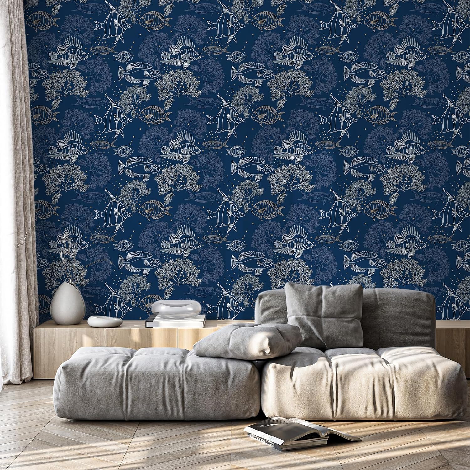 VaryStyle Navy Blue Ocean Peel and Stick Wallpaper Under The Sea Coral Fish Wallpaper for Kitchen Nursery 17.7"x393" Removable Waterproof Decorative Coastal Contact Paper for Drawers Kitchen Nursery