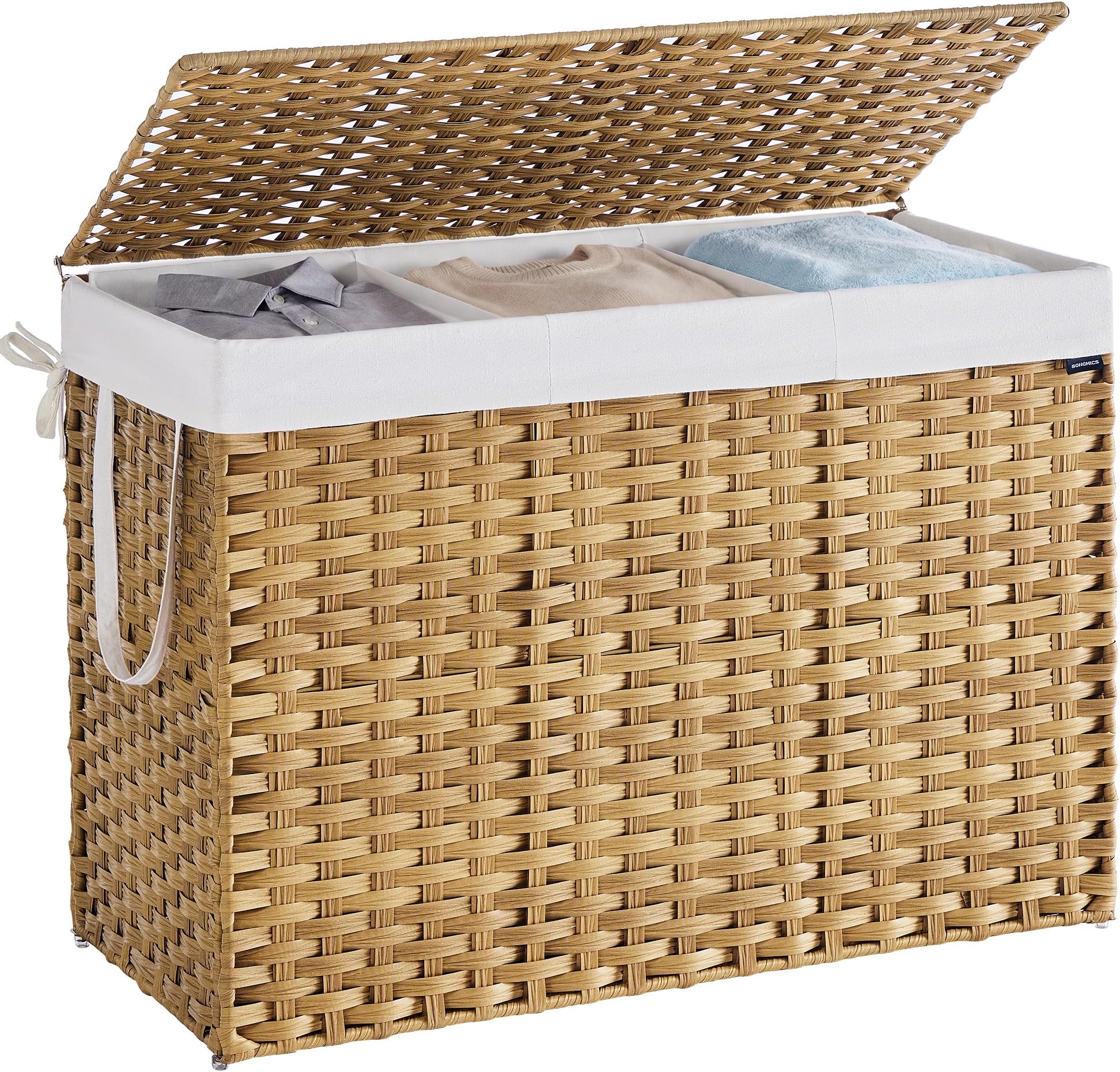 SONGMICS Laundry Basket, 200 L Synthetic Rattan Storage Basket with Lid and Handles, Wicker, Foldable, Removable Liners, for Blankets, Clothes, Living Room, Laundry Room, Natural Colour LCB320Y01