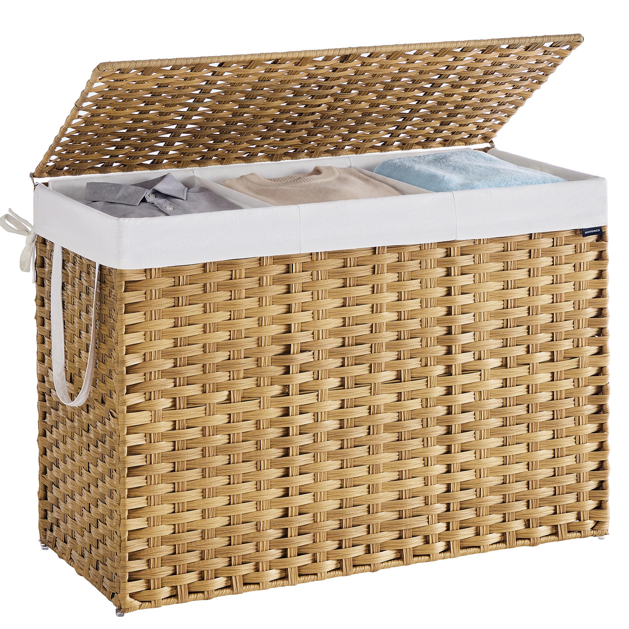 SONGMICS Laundry Basket, 200 L Synthetic Rattan Storage Basket with Lid and Handles, Wicker, Foldable, Removable Liners, for Blankets, Clothes, Living Room, Laundry Room, Natural Colour LCB320Y01