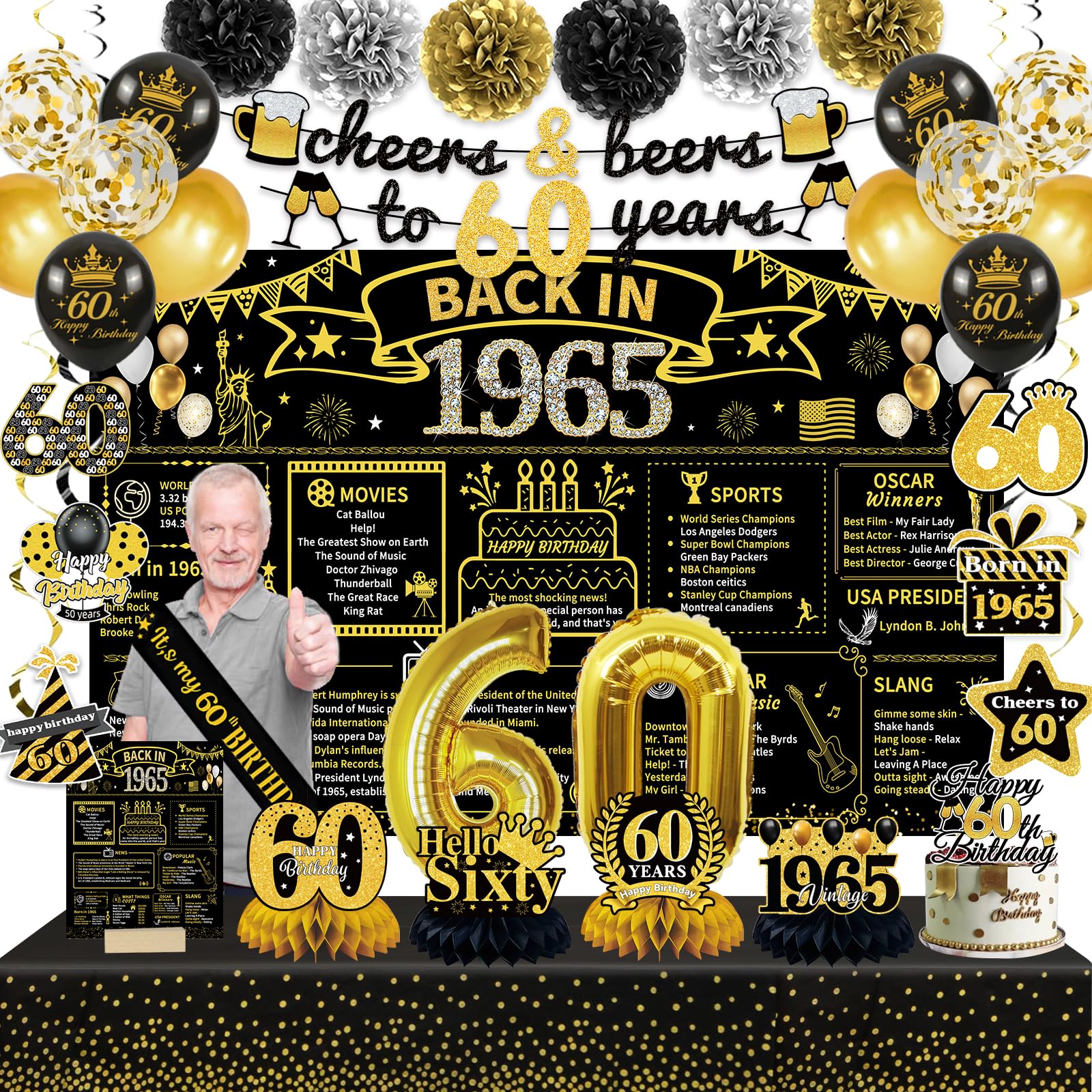 60th Birthday Decorations for Men Women,40 PCS Back in 1965 Decorations Include Cheers to 60 Banner Tablecloth Backdrop Greeting Card Swirls Sash