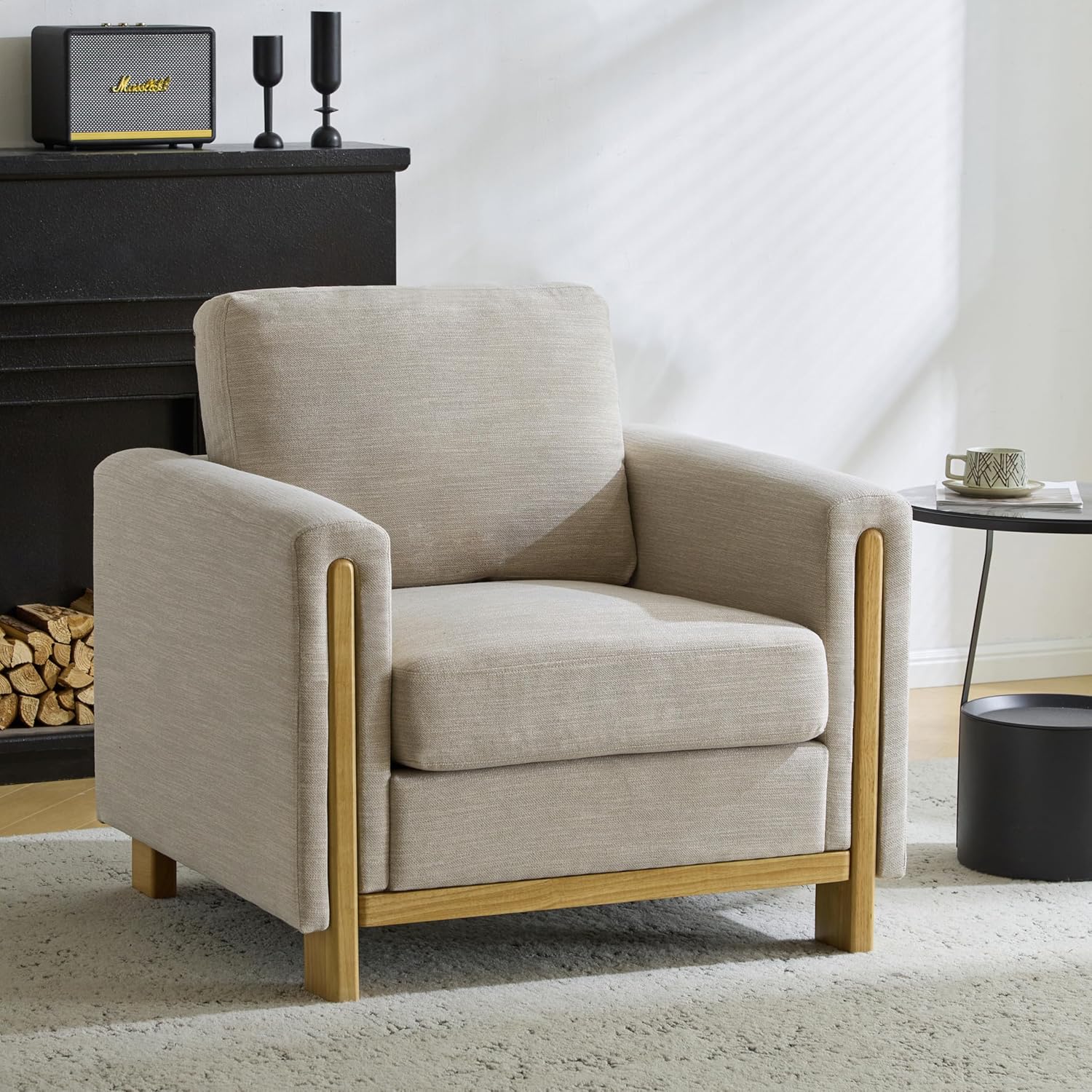 Sillón Tapizado Tela Cuadrado Beige Sala Lectura Relax