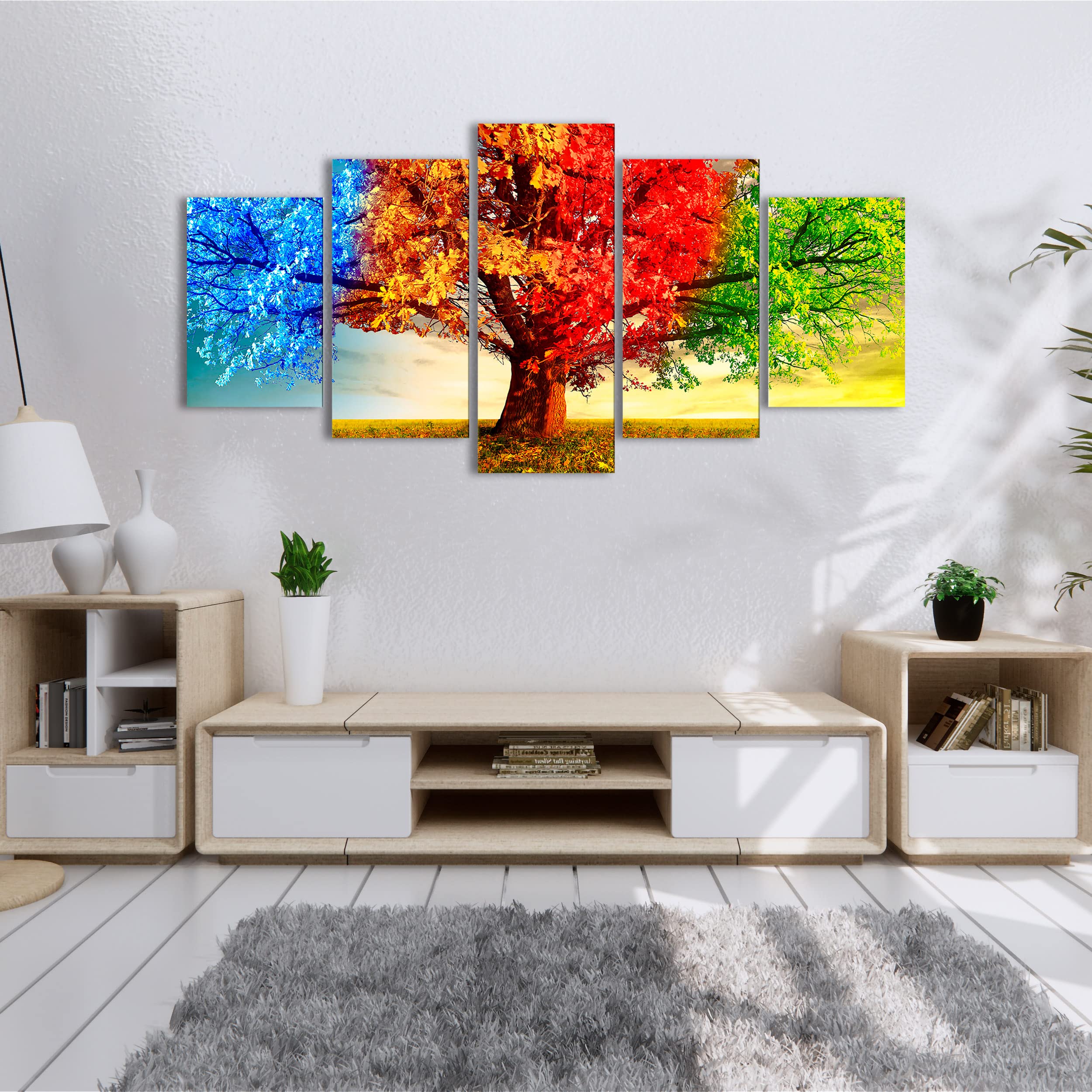 DekoArte - Cuadros Modernos Impresión Imagen Artística| 5 Piezas 200x100cm | Lienzo Decorativo Para Tu Salón o Dormitorio | Estilo Paisaje Árboles Cuatro Estaciones Del Año XXL