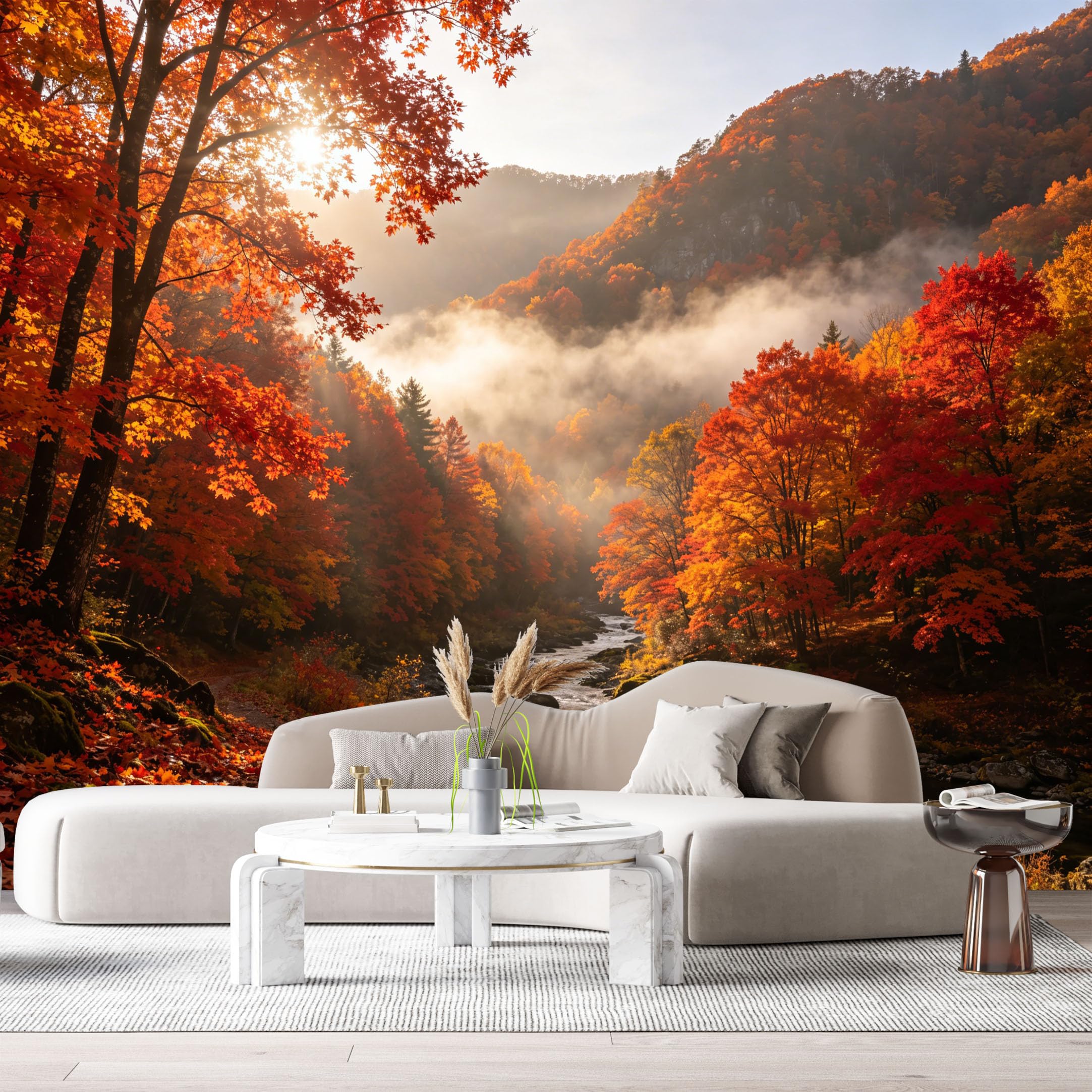 Custom Size Wall Murals Autumn Forest Landscape River Mist Mountain Valley Sunrise SelfAdhesive Wall Fabric Removable Large Wallpaper for Photo Living Room