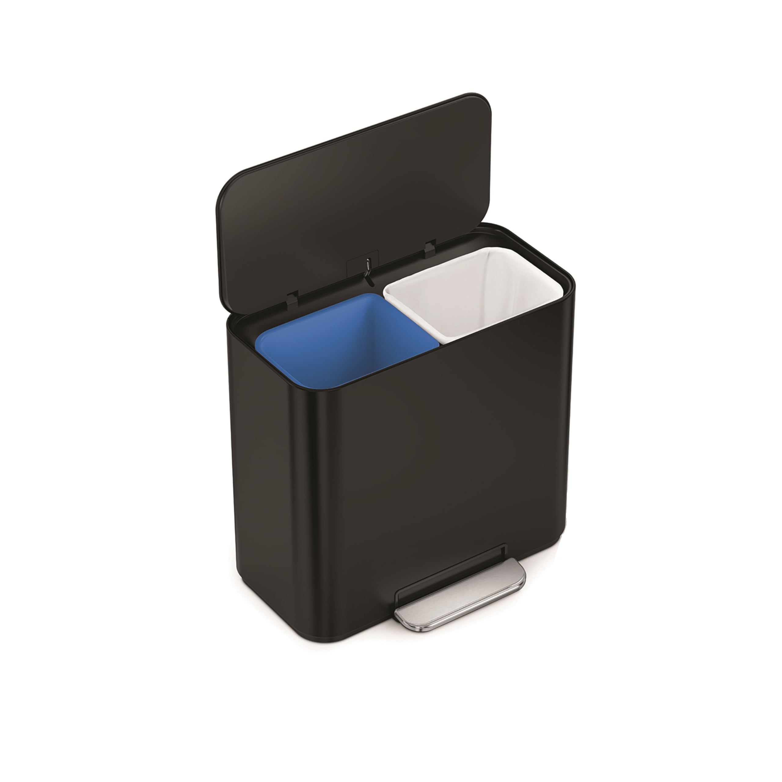 simplehuman 15L Mini Recycler Step Can, Dual Compartment Trash Can for Hotel, Offices and Small Spaces, Matte Black Steel