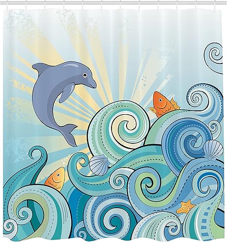 Miniatura 2 de Ambesonne Cortina de ducha de animales marinos, conchas de pez delfín en océano marino en verano, juego de decoración de baño de tela con ganchos,