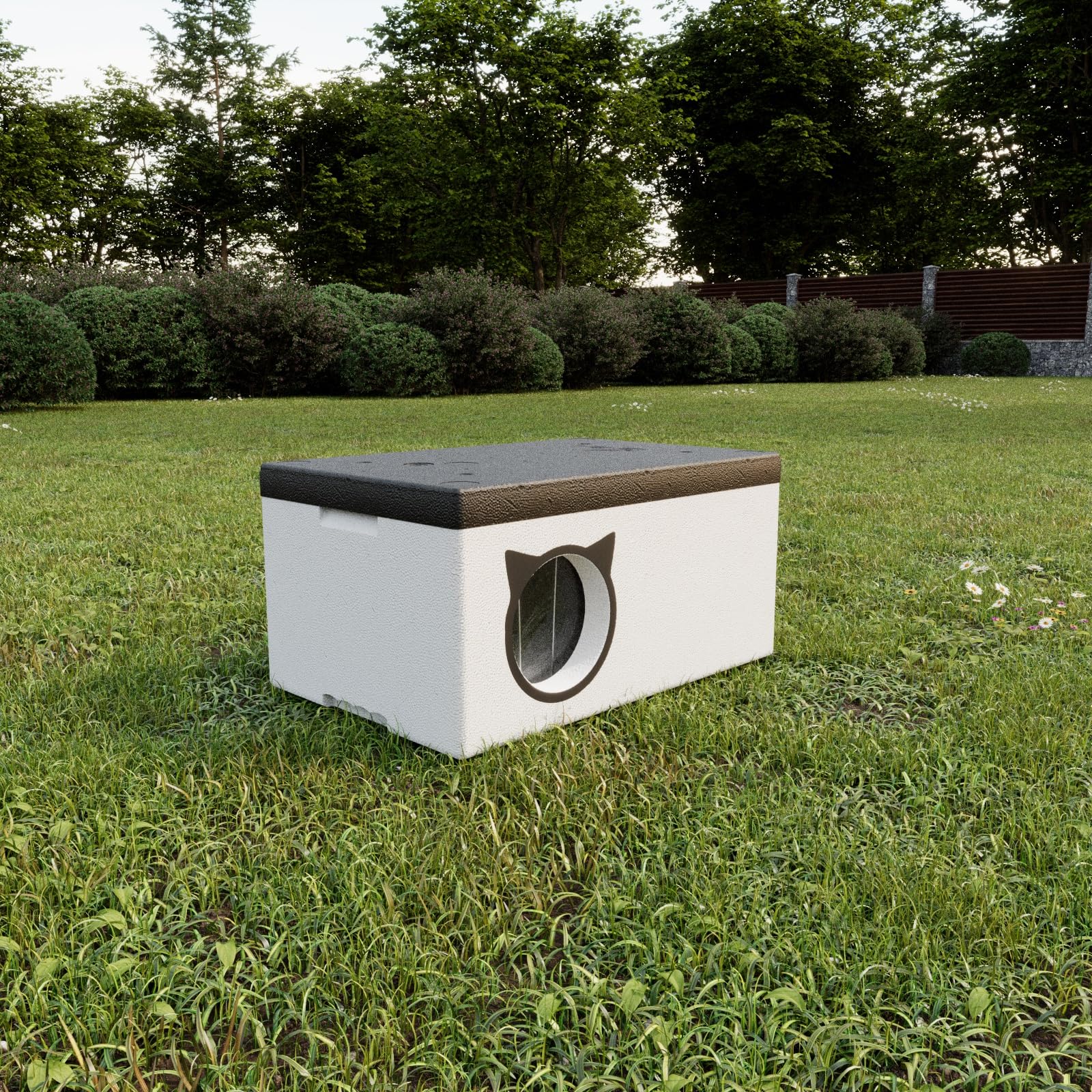 QLS Maison pour chat 58x38 cm Résistante aux intempéries en polystyrène avec rideau