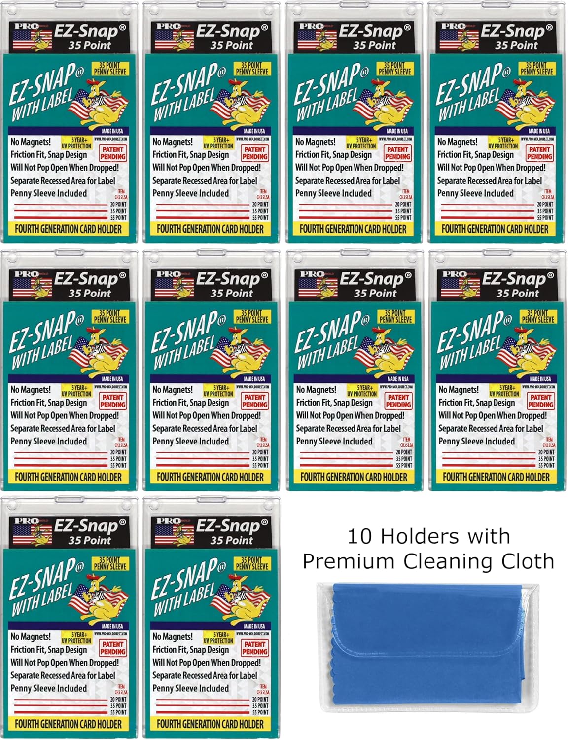 10-Count Pro-Mold 35pt EZ-Snap Trading Card Holders Holds Sleeved Card with Label UV Protection CH35LSA with Cleaning Cloth