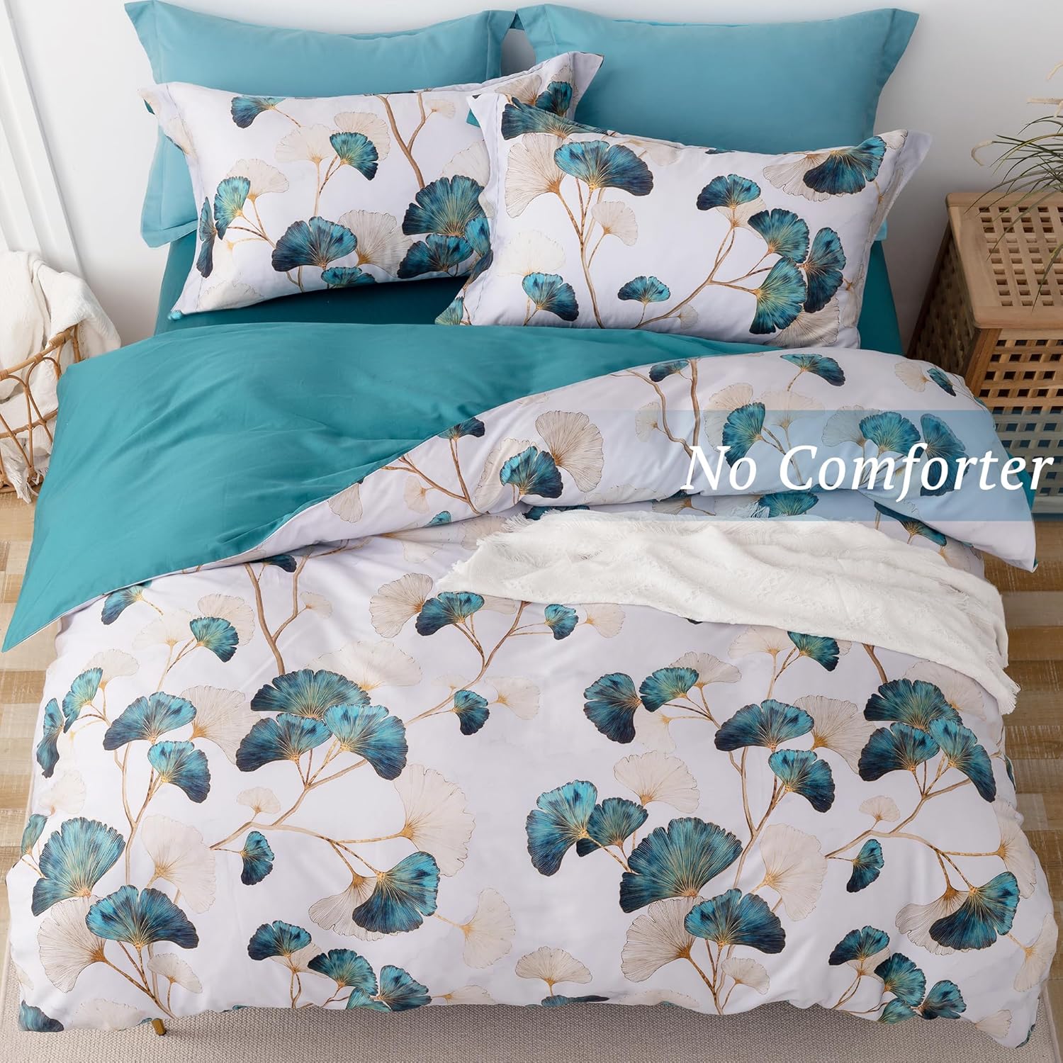 MILDLY 100% Long-Staple Cotton Duvet Cover Set Teal Green Gingko Leaf Pattern Printed Comforter Cover 3pcs, Ultra Soft & Breathable Bedding Set - Image 4