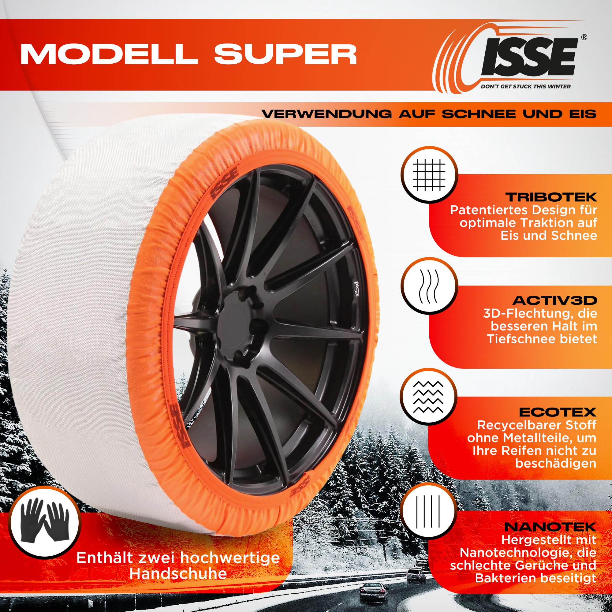 ISSE Schneesocken Super T-70 | Textil-Schneeketten, zugelassen und hohe Sicherheit – Set mit 2 Ketten für Autos + Handschuhe