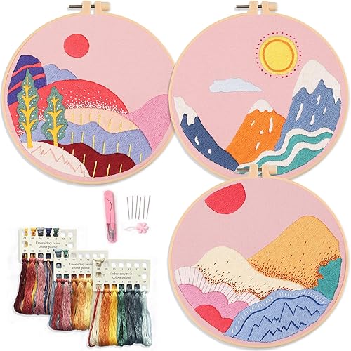 Kit de bordado, paño de bordado rosa, patrón de montañas, kit de iniciación de bordado, también incluye aro, aguja, hilo e instrucciones (rosa)