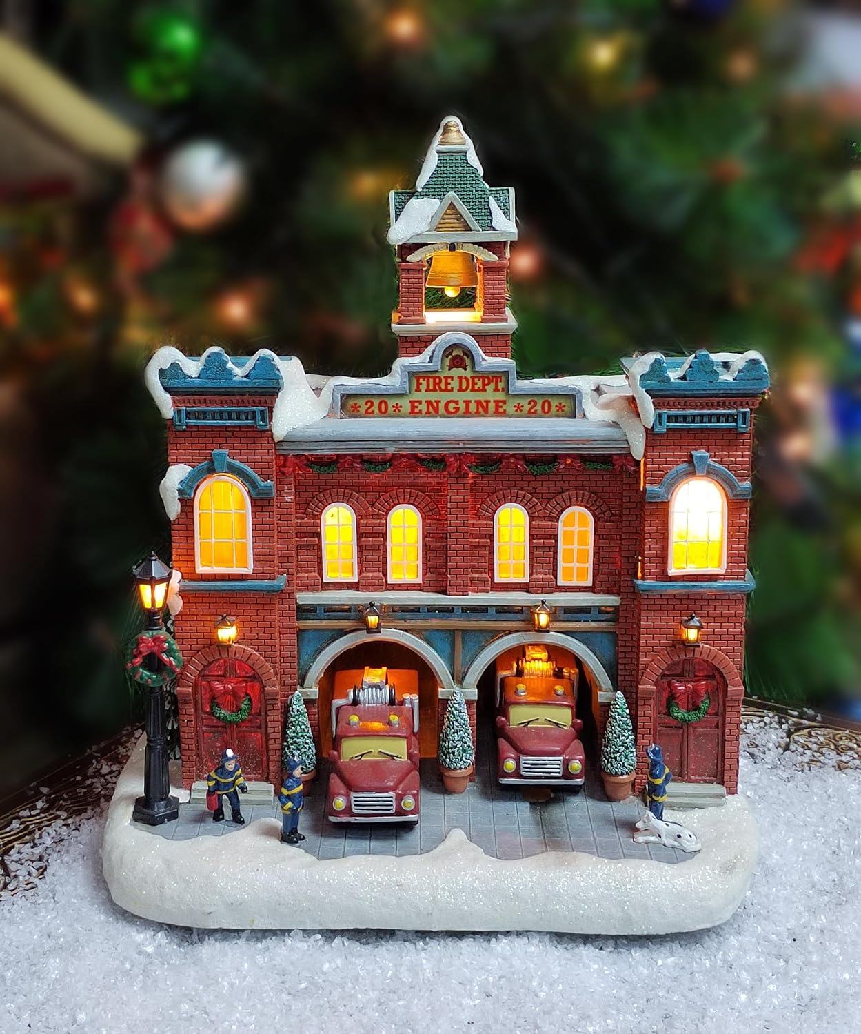 MOMENTS IN TIME Vintage Fire Department Christmas Village 12.2” LED Lights, Music & Moving Fire Trucks, Polyresin Lighted Holiday Building, Adapter Operated Holiday Decoration 21217