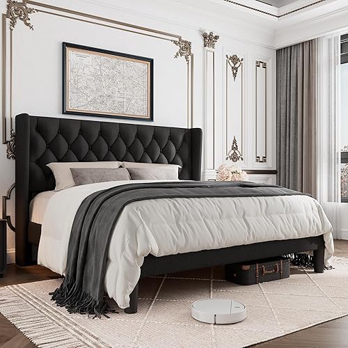 Miniatura 12 de Base de cama tamaño Queen con cabecera capitoné con botones, plataforma tapizada con almacenamiento debajo de la cama, soportes de listones de Gris