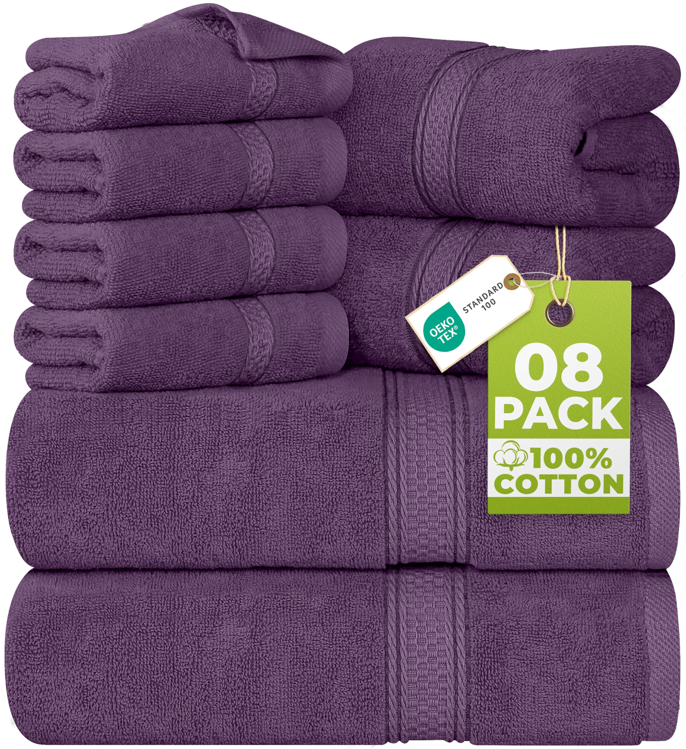 8 Piece Towel Set - 2 Bath Towels, 2 Hand Towels and 4 Washcloths Cotton Hotel Quality Super Soft and Highly Absorbent (Plum)