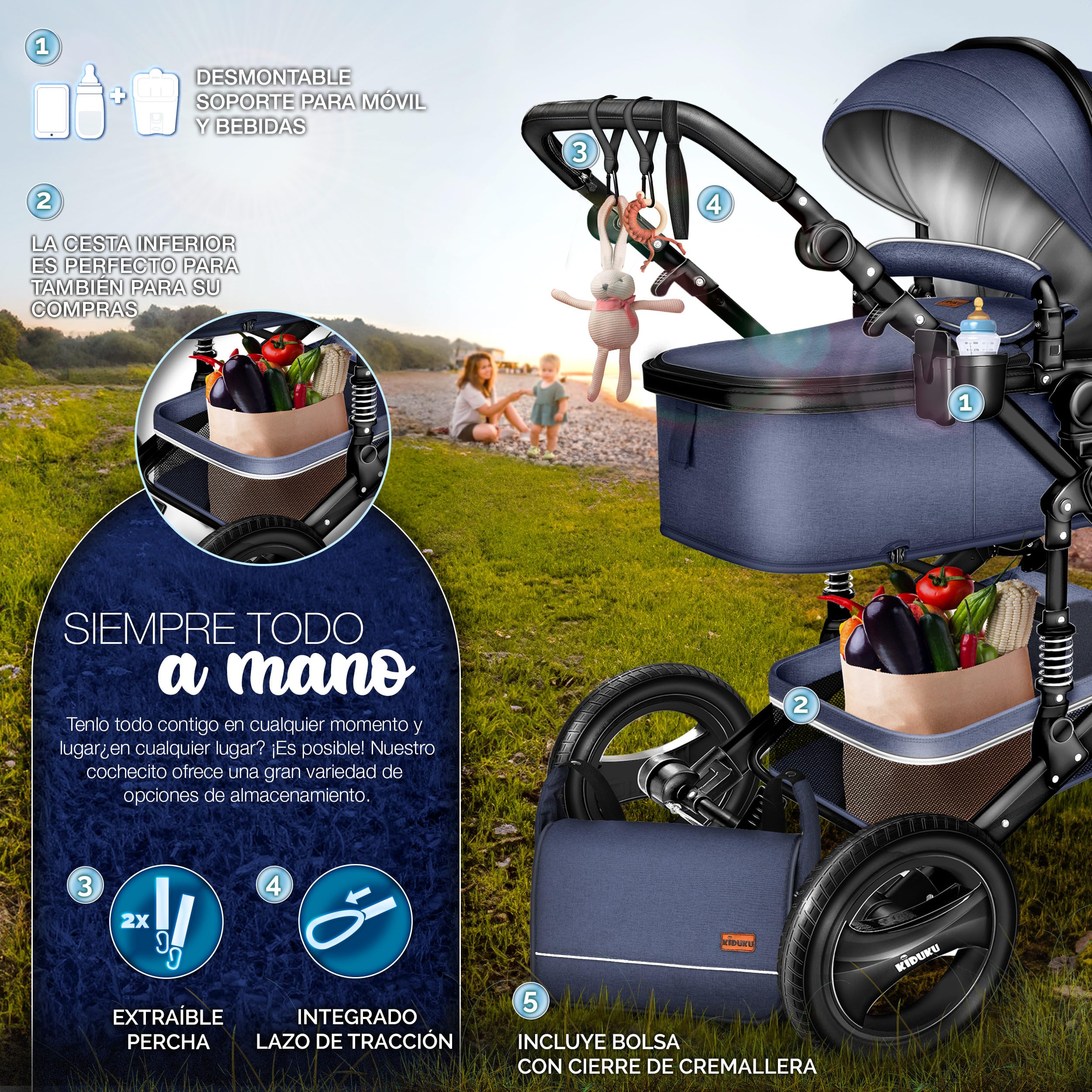 KIDUKU® Carrito de Bebé 3 en 1 | Silla de Paseo para Niños | Carricoche de 3 Piezas | Capazo, Cambiador, Cubrepiés | Sillita Coche Ligera Infantil ECE R129