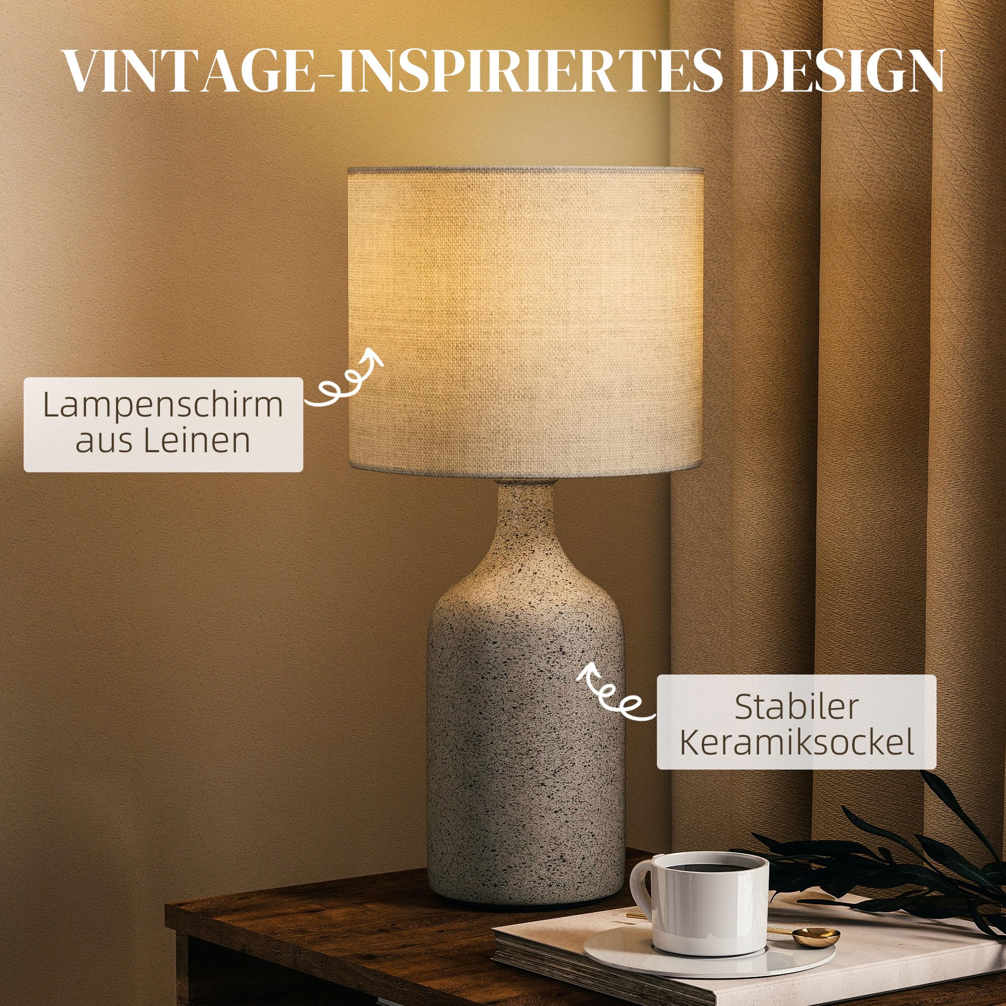 HOMCOM Tischlampe Tischleuchte Vintage Keramiksockel Sandbraun+Weiß | Nachttischlampe, Schreibtischlampe, Leinenschirm, Wippschalter, Leselampe mit E27 Fassung, für Schlafzimmer Wohnzimmer