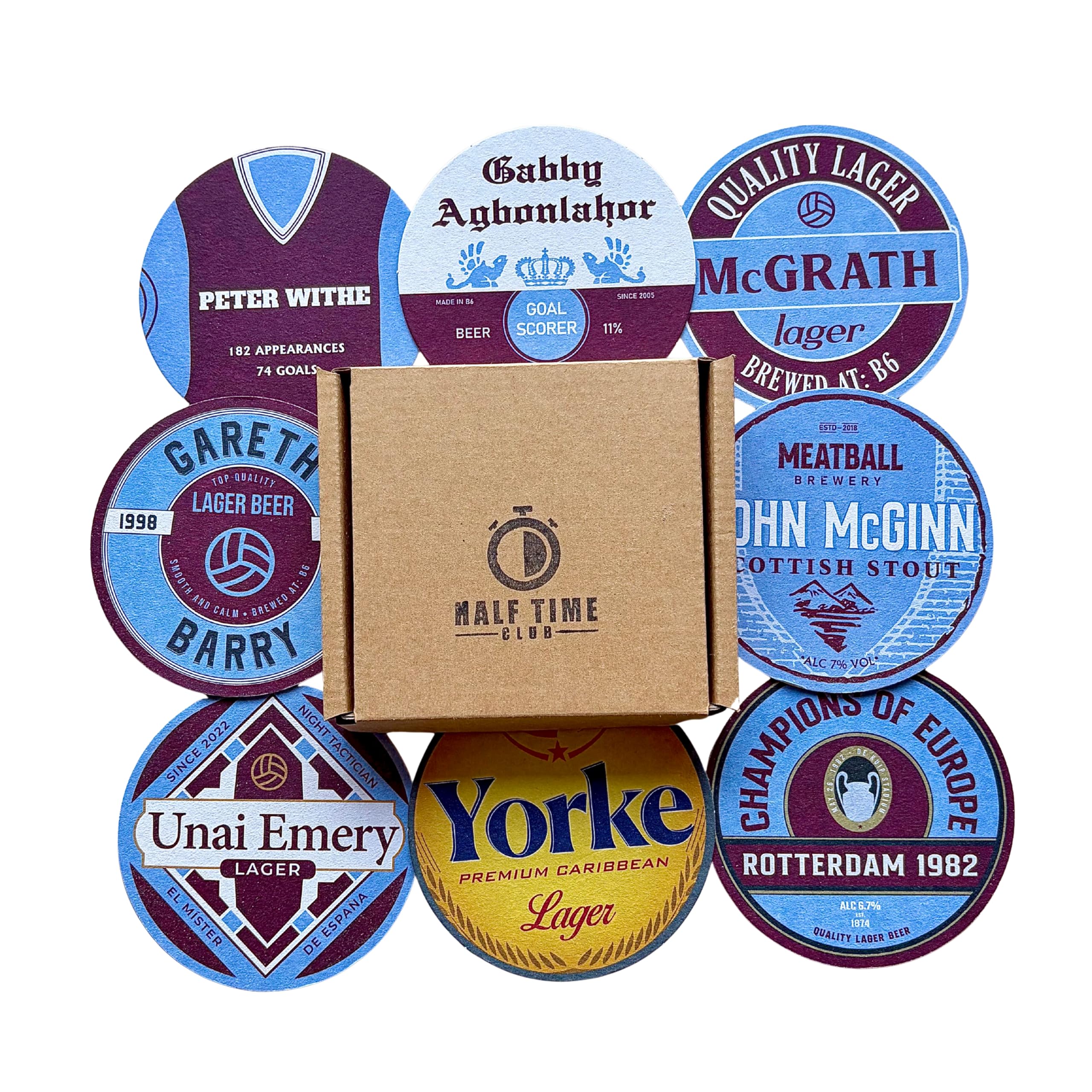 Half Time Club Multicolour Aston Villa Football Beer Mat Coasters - Perfect For A Gift Or Present For Any Villa Fan (8-Pack)