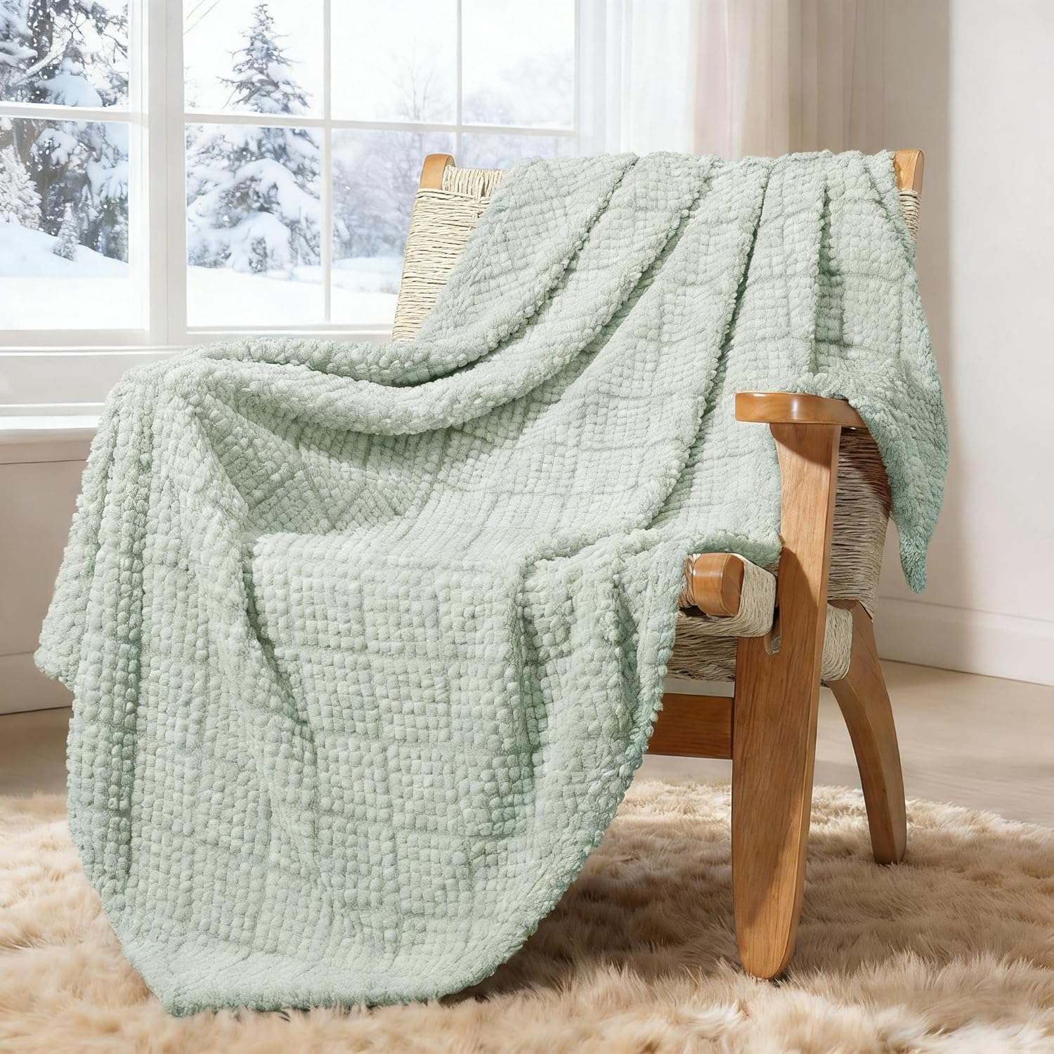 Whale Flotilla Fuzzy Fleece Throw Blanket for Couch, Bed, Soft Fluffy Jacquard Waffle Blankets for All Season, Lightweight and Warm, 50x60 Inch, Sage Green
