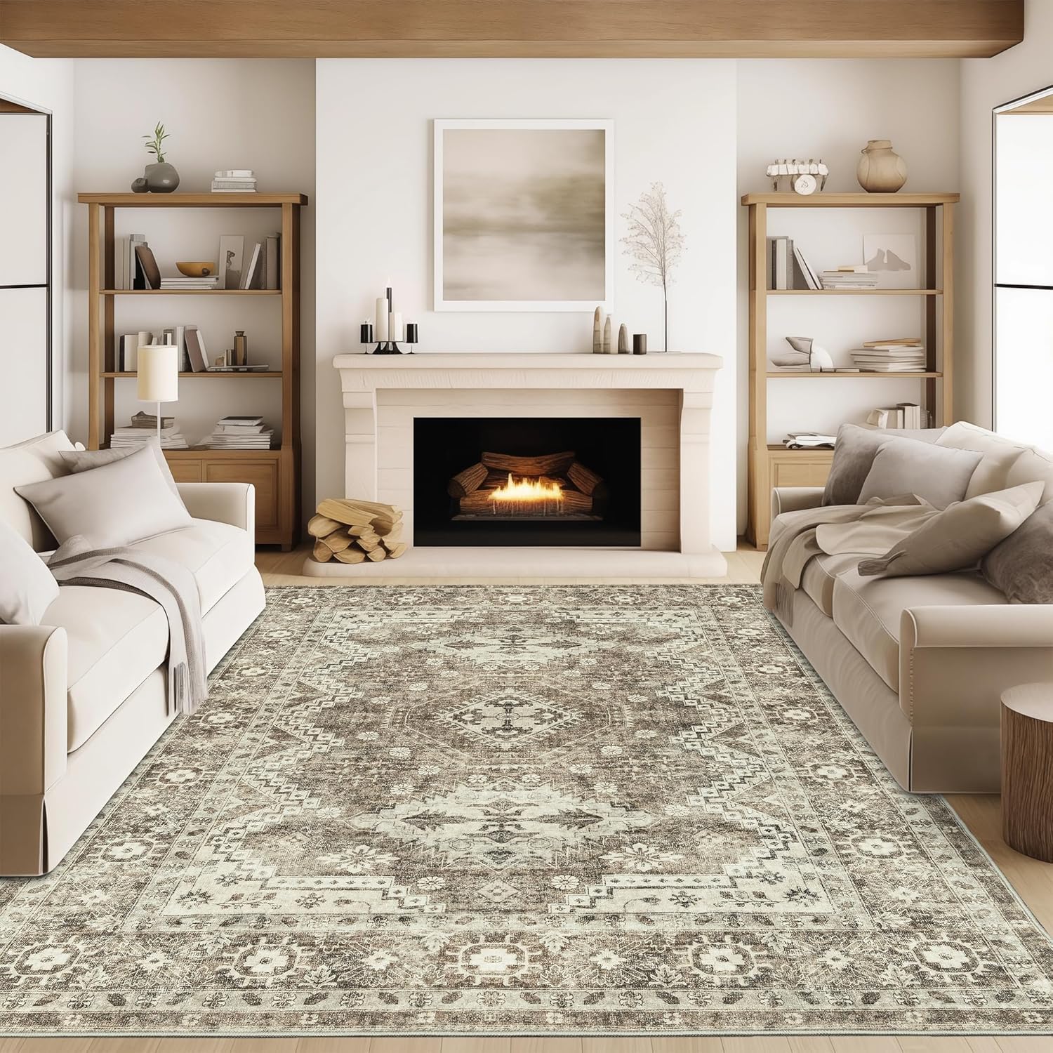rugland area rug - stain resistant washable rug, anti slip backing rugs for living room, vintage tribal area rugs (tpr07-ivory, 9'x12') tpr07-ivory 9' x 12' (rectangular)