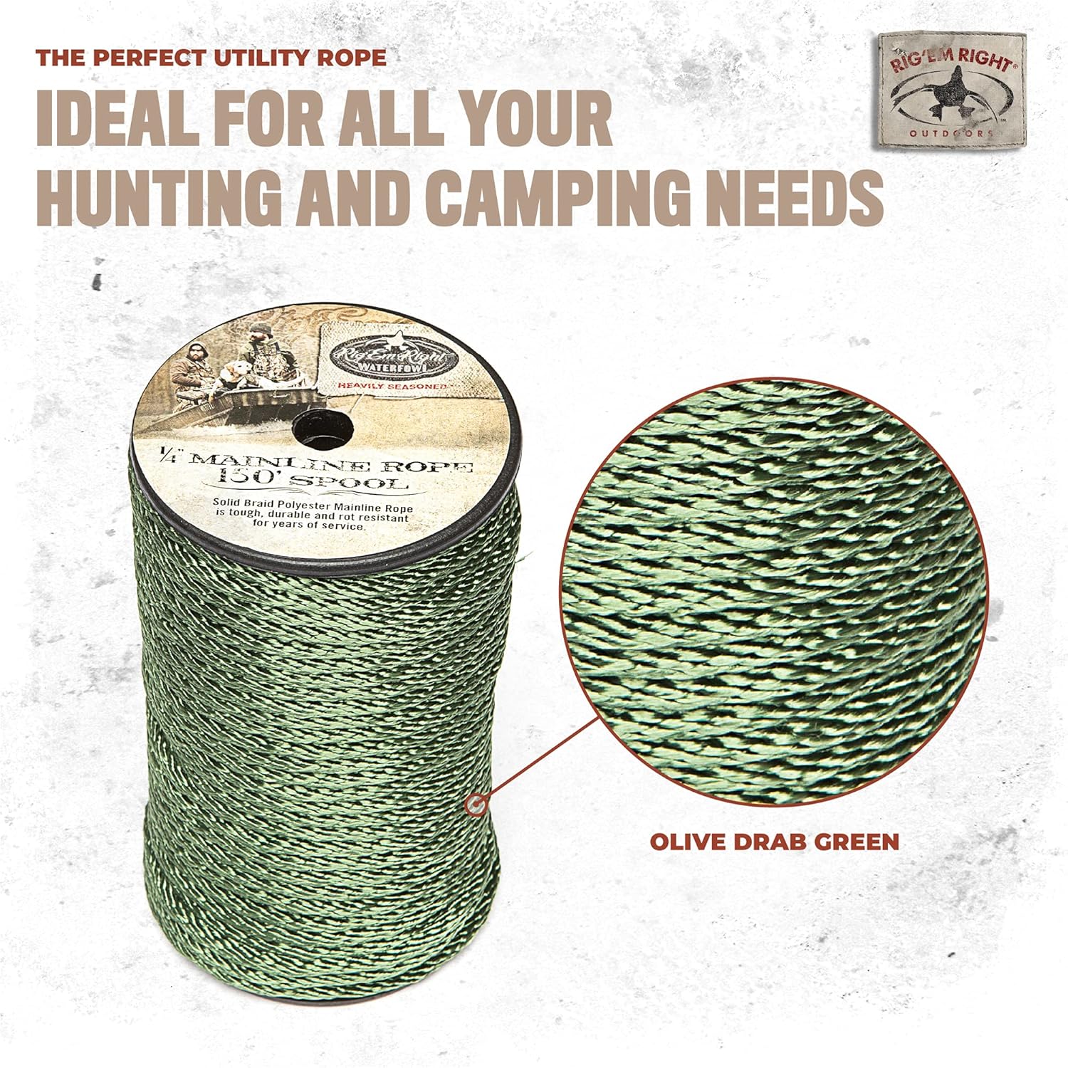 Rig'Em Right Waterfowl 1/4" Solid Braided Olive Green Polyester Utility Mainline Rope for Heavy Duty Decoy Line, Gang Rig Mainline Rope, Hunting, Camping, and More (150 Feet)