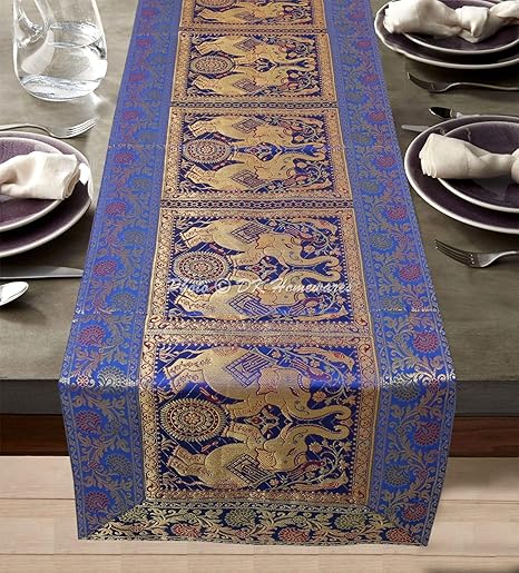 DK Homewares Brocade Silk Satin Decorative Center Tea Table Runner Tablecloth Blue Gold Elephant 5 Ft Banarasi Jacquard Kitchen Ethnic Floral Rectanglular Table Cover - 60x16 Inch (152x40 cm)