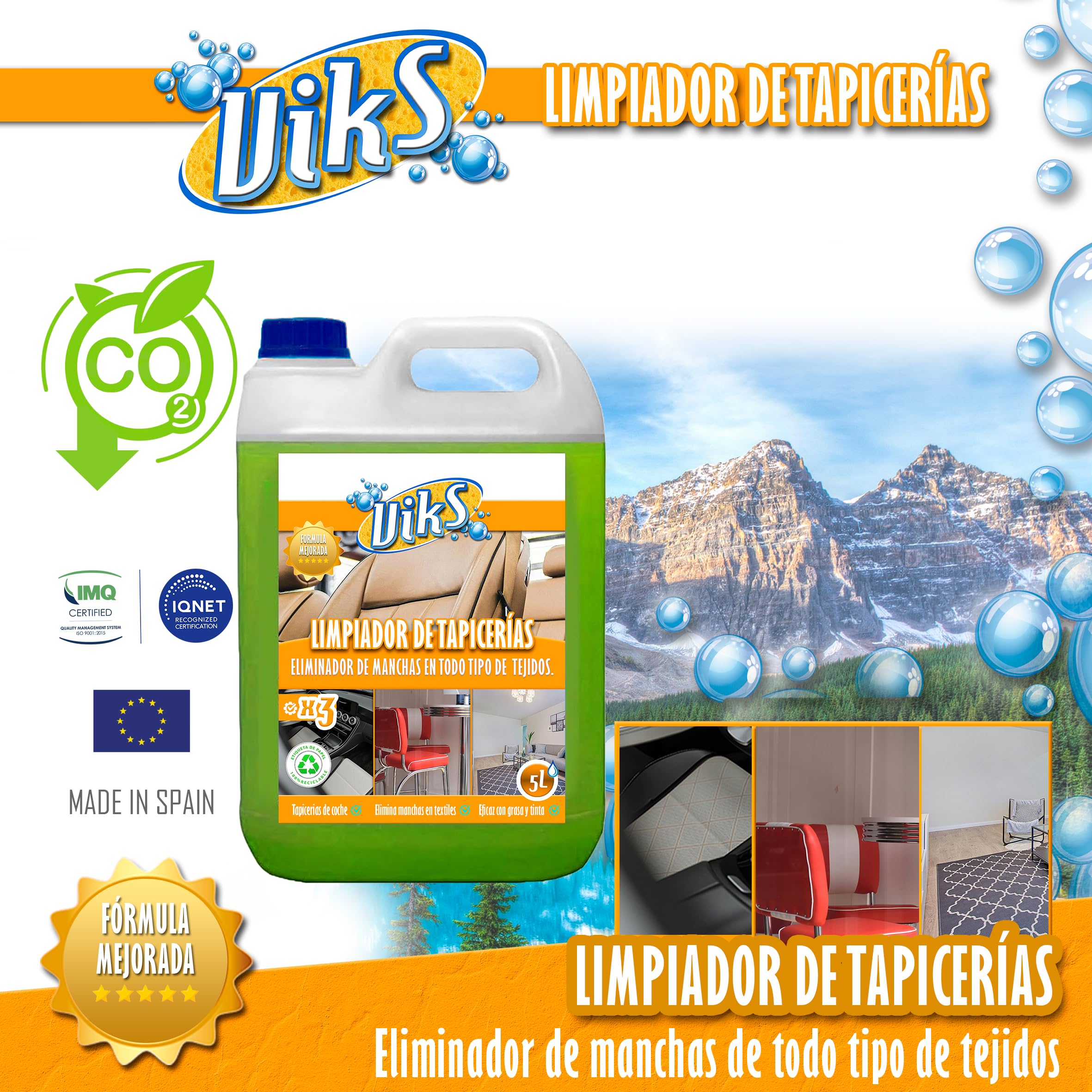 Viks | Nettoyant professionnel pour tissus | Détergent concentré | Élimine les colorants, cires et graisses sur sièges, cuir et tapis | Convient pour la maison et la voiture | 5 L