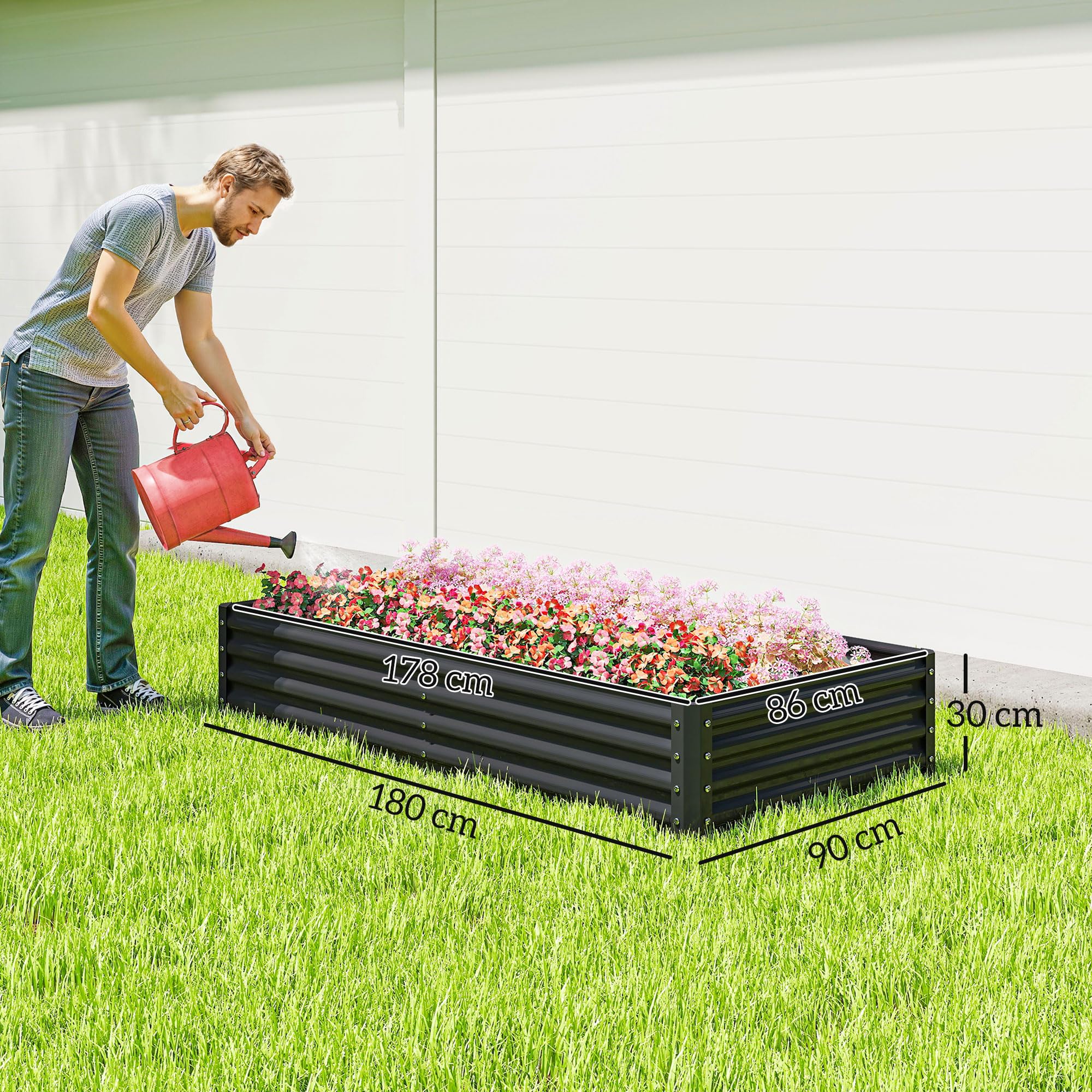 Outsunny Jardinera Elevada de Acero Galvanizado Huerto Urbano para Cultivar Plantas Flores Hierba Macetero Grande Exterior Rectangular con Fondo Abierto 180x90x30 cm Gris Oscuro