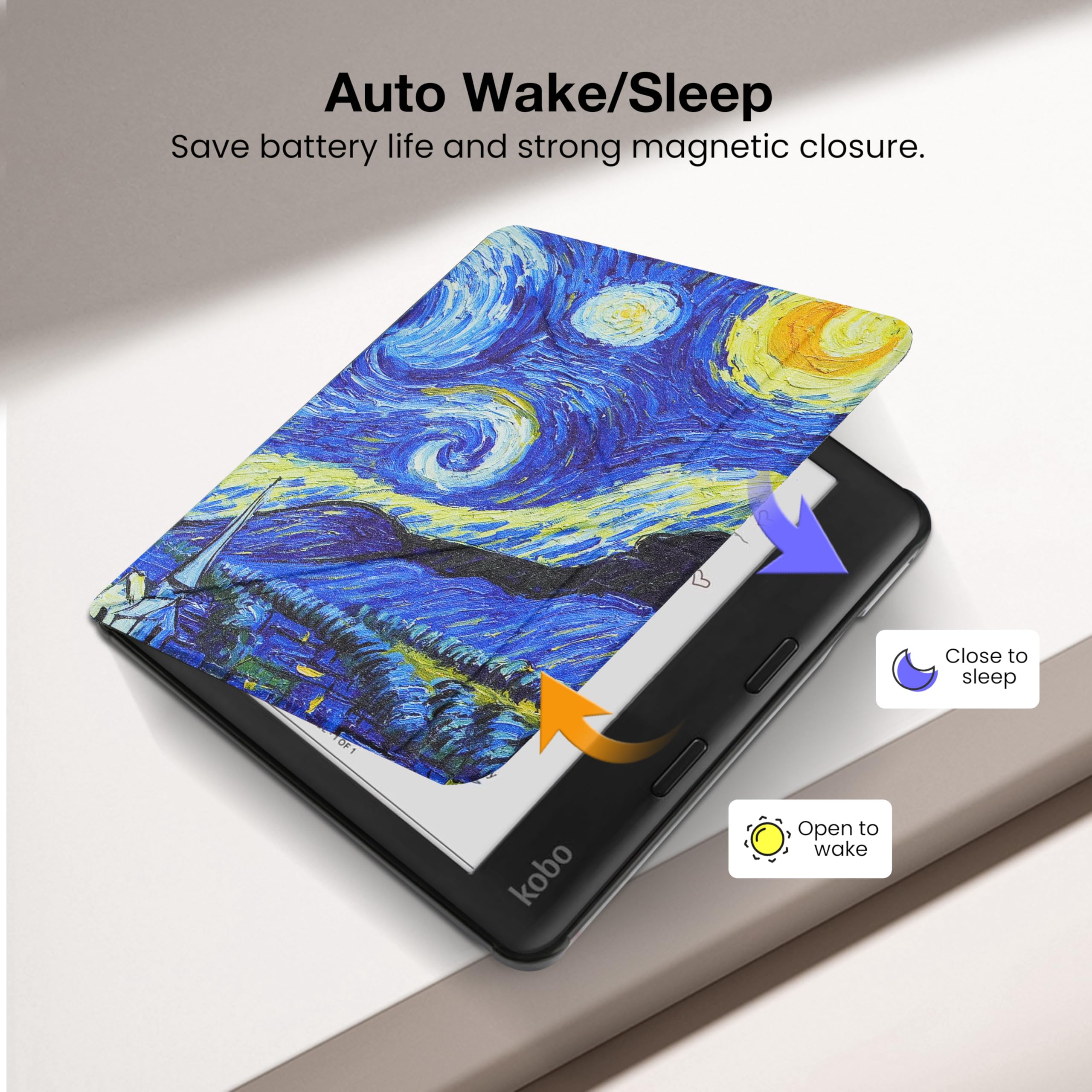 Case For Kobo Libra Colour/Kobo Libra 2, Includes a Case & Screen Protector - 7" Origami Cover Fit for Kobo Libra (Model N418/N428) with Auto Sleep/Wake(Starry Night, 7 icnh) — view 4