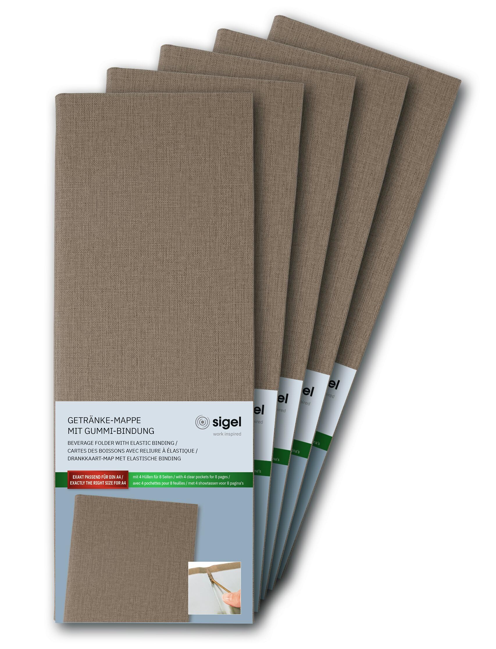 SIGEL GM102 Beverage Folder - 1 piece - incl. 2 Double Clear Pockets for 8 Pages - Rubber Binding - 1/2 A4 - Beige - Pack of 5