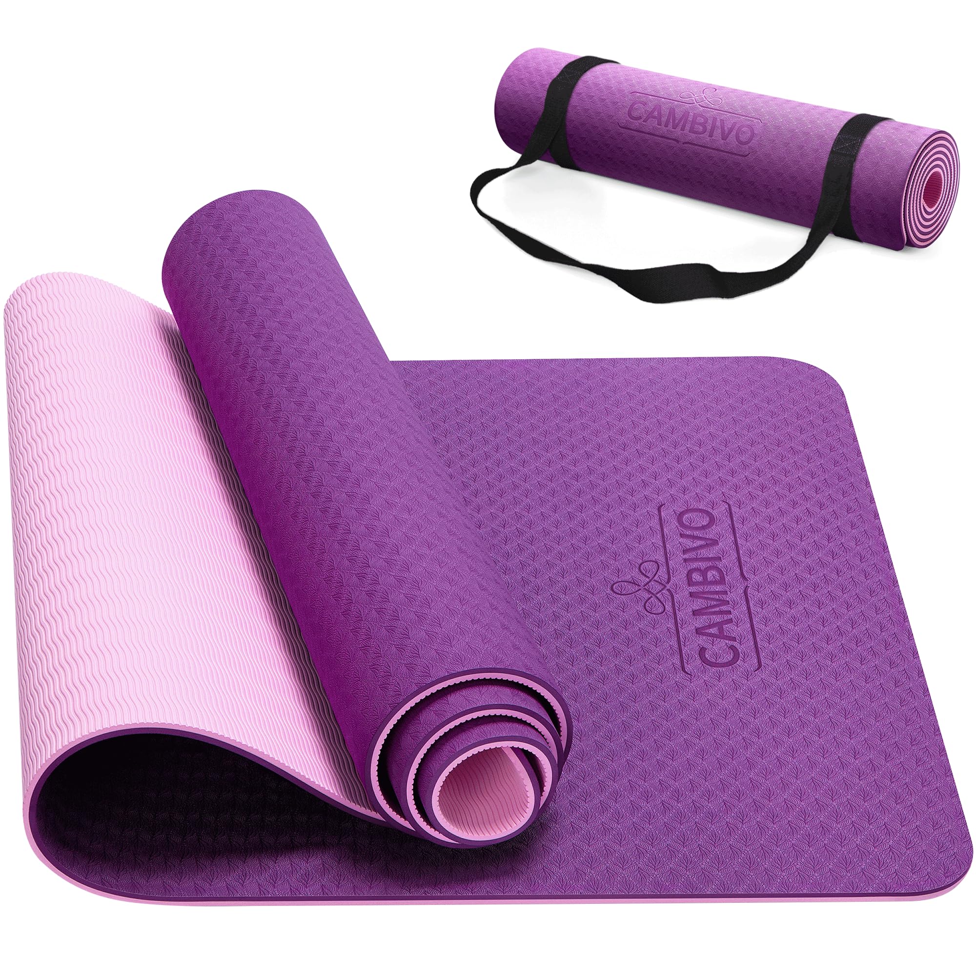 CAMBIVO Non-Slip TPE Yoga Mat for Home Gym & Pilates – 6mm/8mm Cushioning for Joint Support – Double-Sided Grip Exercise Mat for Stretching, Meditation & Fitness (Carry Strap Included)