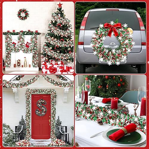 Miniatura 7 de Guirnalda de oropel de copo de nieve de Navidad de 50 pies, guirnalda colgante de torsión metálica roja y verde con purpurina gruesa de copo de