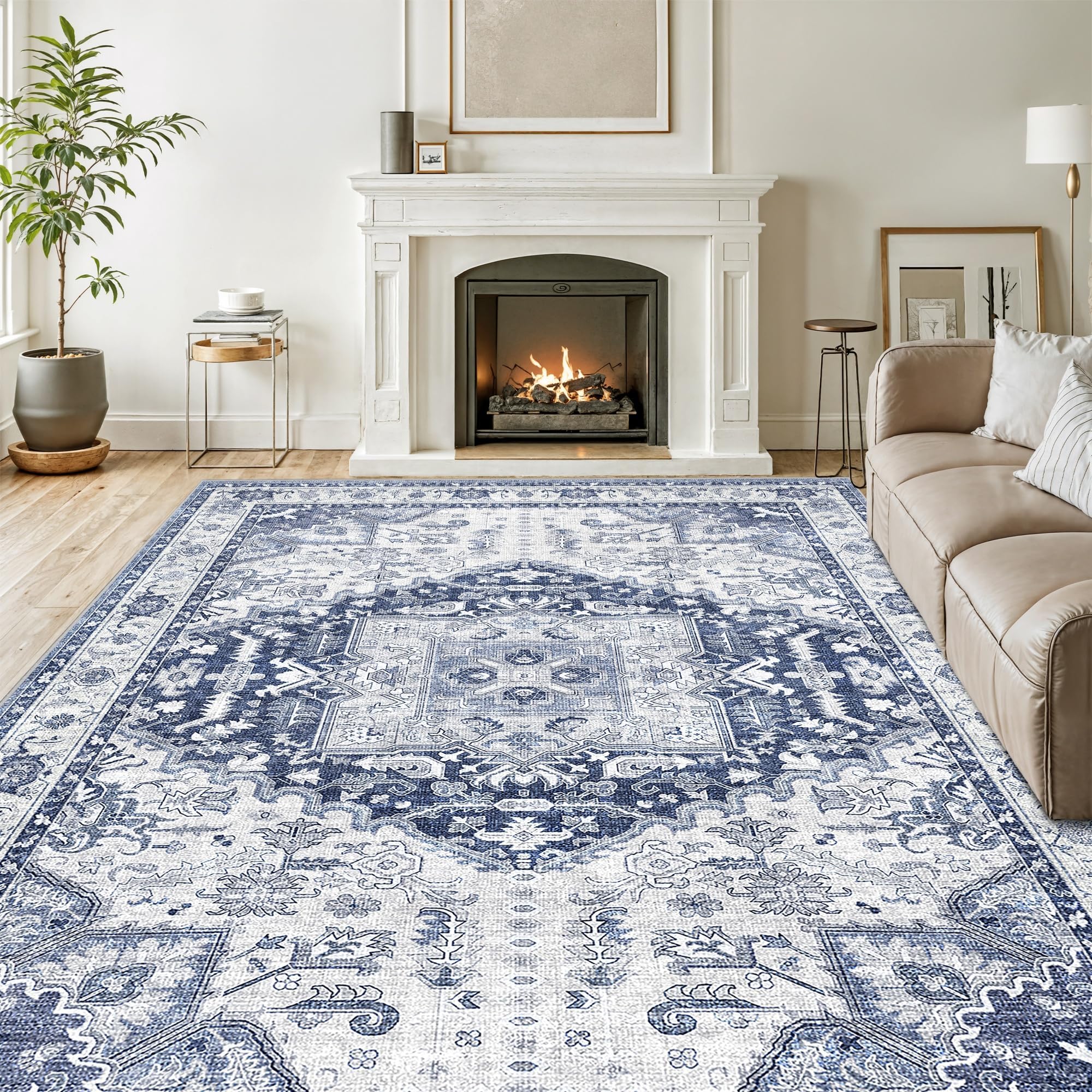 xilixili Washable 5x7 Area Rug - Soft Indoor Blue Non Slip Rugs for Living Room Bedroom Low Pile Stain Resistant Vintage Carpet for Home Decor Mat (