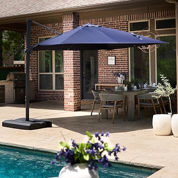 PURPLE LEAF Outdoor Cantilever Umbrella 10 x 10 with Base Navy Blue | Aluminum Crank, Smooth Control, 240 GSM Fabric, Better UV Protection, 360 Turn, Shade All Day, Braced Frame, Holds Steady