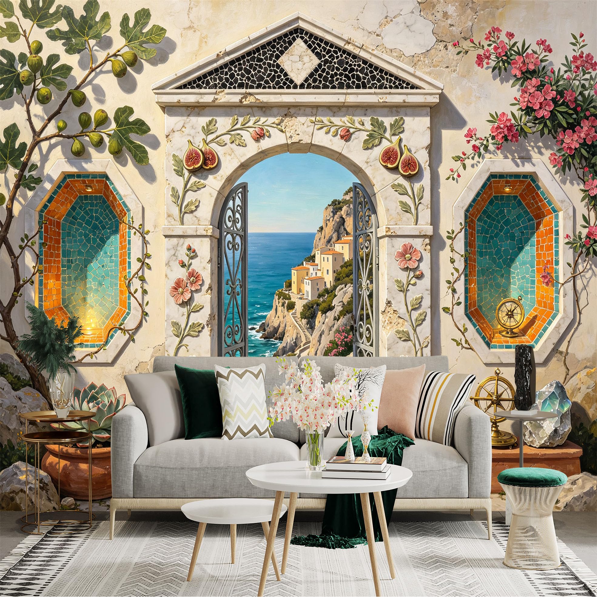 Custom Size Wall Sticker Mural， Mediterranean Coastal Archway， Ocean Cliff Path， Floral Stone Wall， for wall Decoration， peelandstick wall Decals.