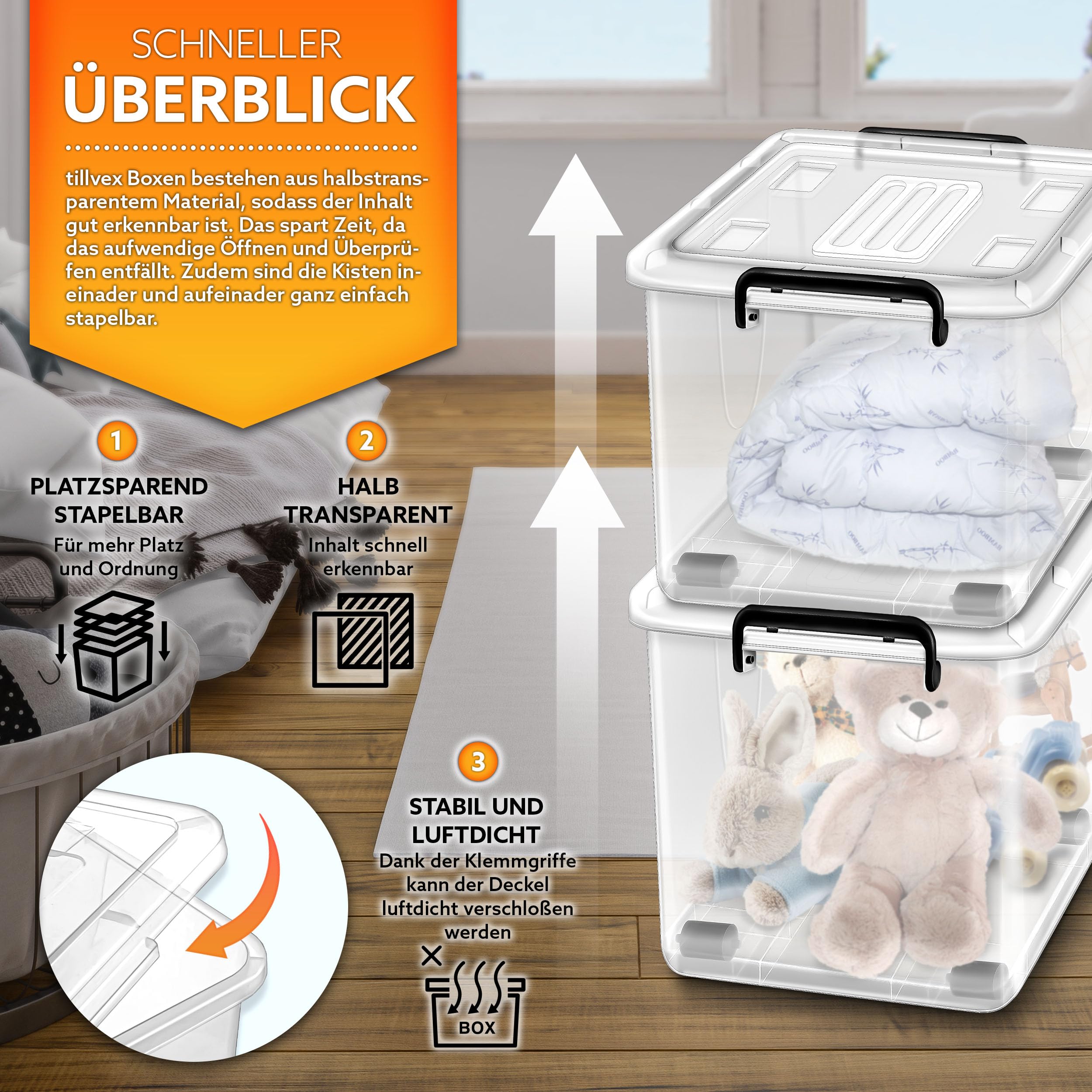 tillvex® Aufbewahrungsboxen mit Deckel 6er Set - 42 Liter, lebensmittelecht | Kunststoff Boxen Set stapelbar | Aufbewahrung Ordnungssystem Box groß | Aufbewahrungsbox Kleiderboxen 100% Neumaterial