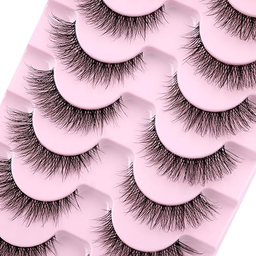 Miniatura 7 de wiwoseo Pestañas naturales y esponjosas con pegamento, ojos de gato, pestañas de visón, pestañas de banda transparente con kit de pegamento,