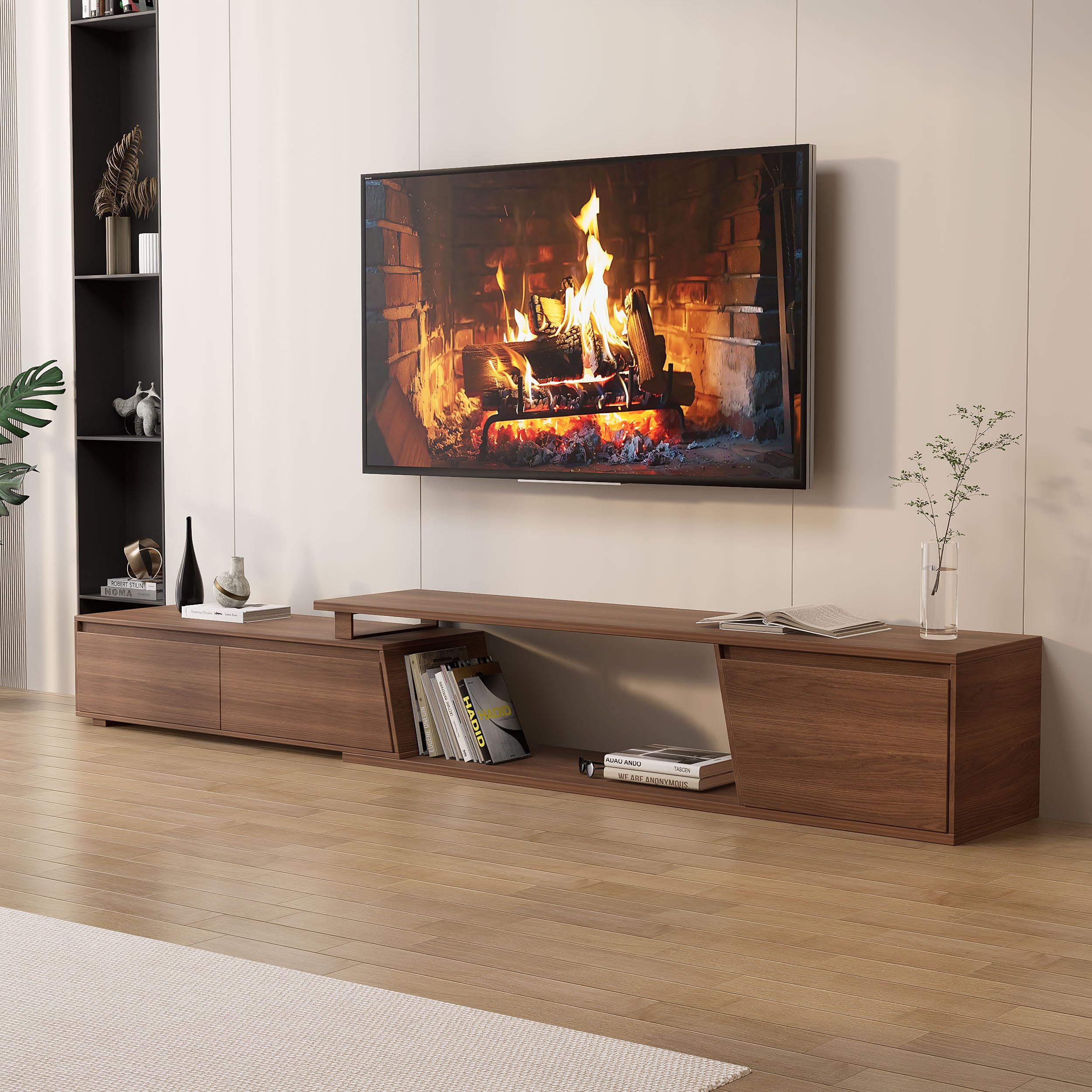 Homary Meuble TV Extensible Bois Noyer 180-280cm Longueur avec 3 Tiroirs Spacieux, MDF Écologique, Rangement Ouvert, Design Moderne pour Salon, Installation à Gauche/Droite